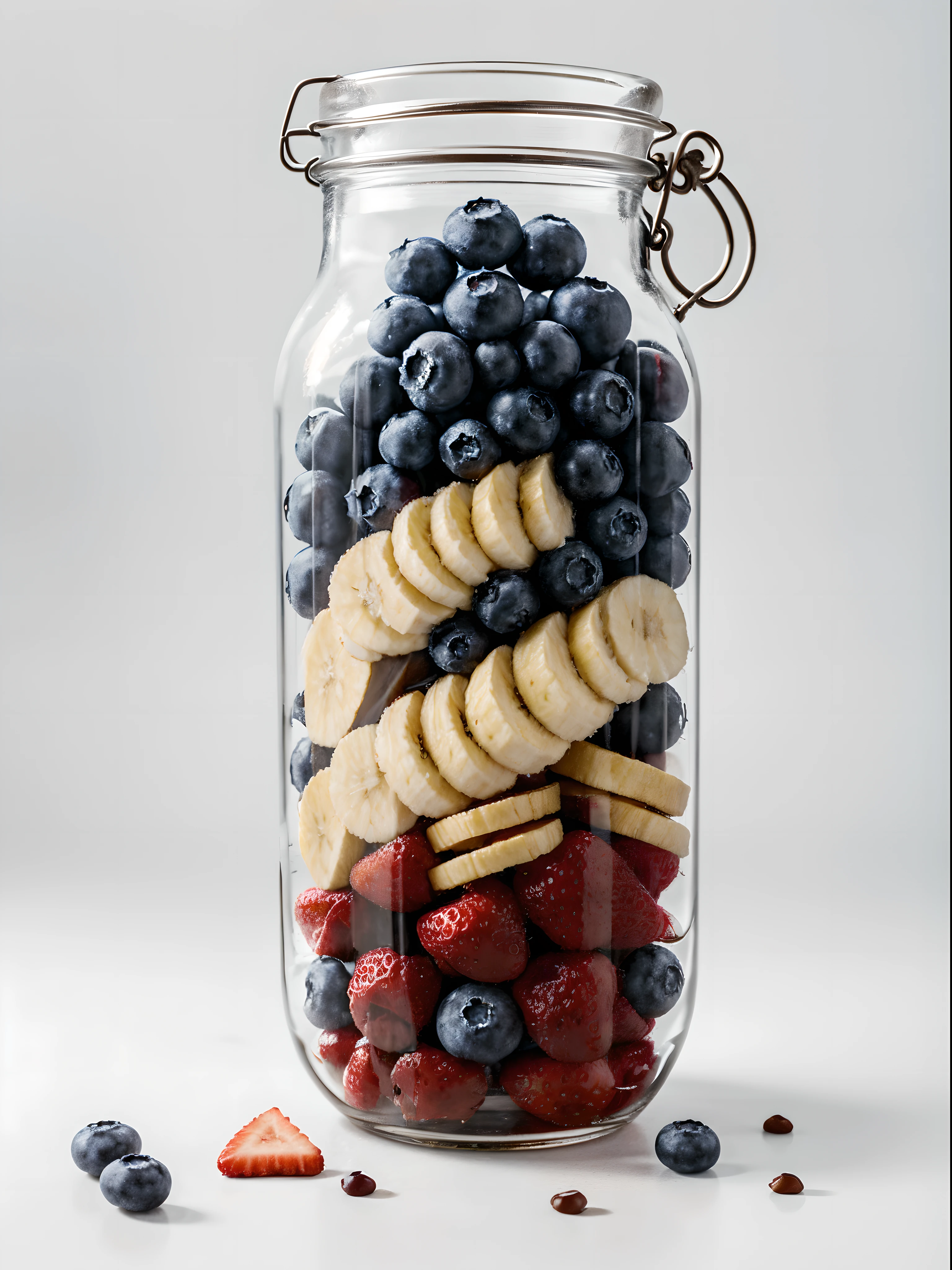 (Best quality,8K,Masterpiece:1.3),NOhumans,Clear glass,There are a lot of strawberries in it、Blueberries and Banana Chips, blend,, detalhe poderoso, intense detail, on the white background, Clear detail, professional,