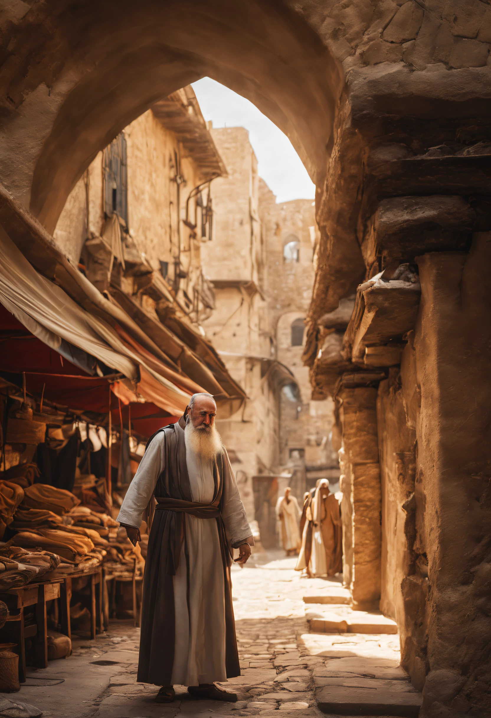 (Best quality at best,4K,8K,tall,main part:1.2),ultra - detailed,(actual,Photorealsitic,Photorealistic:1.37),Apostle Peter in an ancient city,Man with a white beard,ssmile, Staring straight ahead,wearing long cloaks,smooth expression,Look directly at the screen SCREEN, Surrounded by ancient Jerusalem architecture,soft sun light,Stone building with sculptures from the time of Jesus,Weathered textures,narrow and winding streets,First floor,Busy market stall,Sandaled feet standing on dusty road, Atmospheric perspective,,Quiet atmosphere