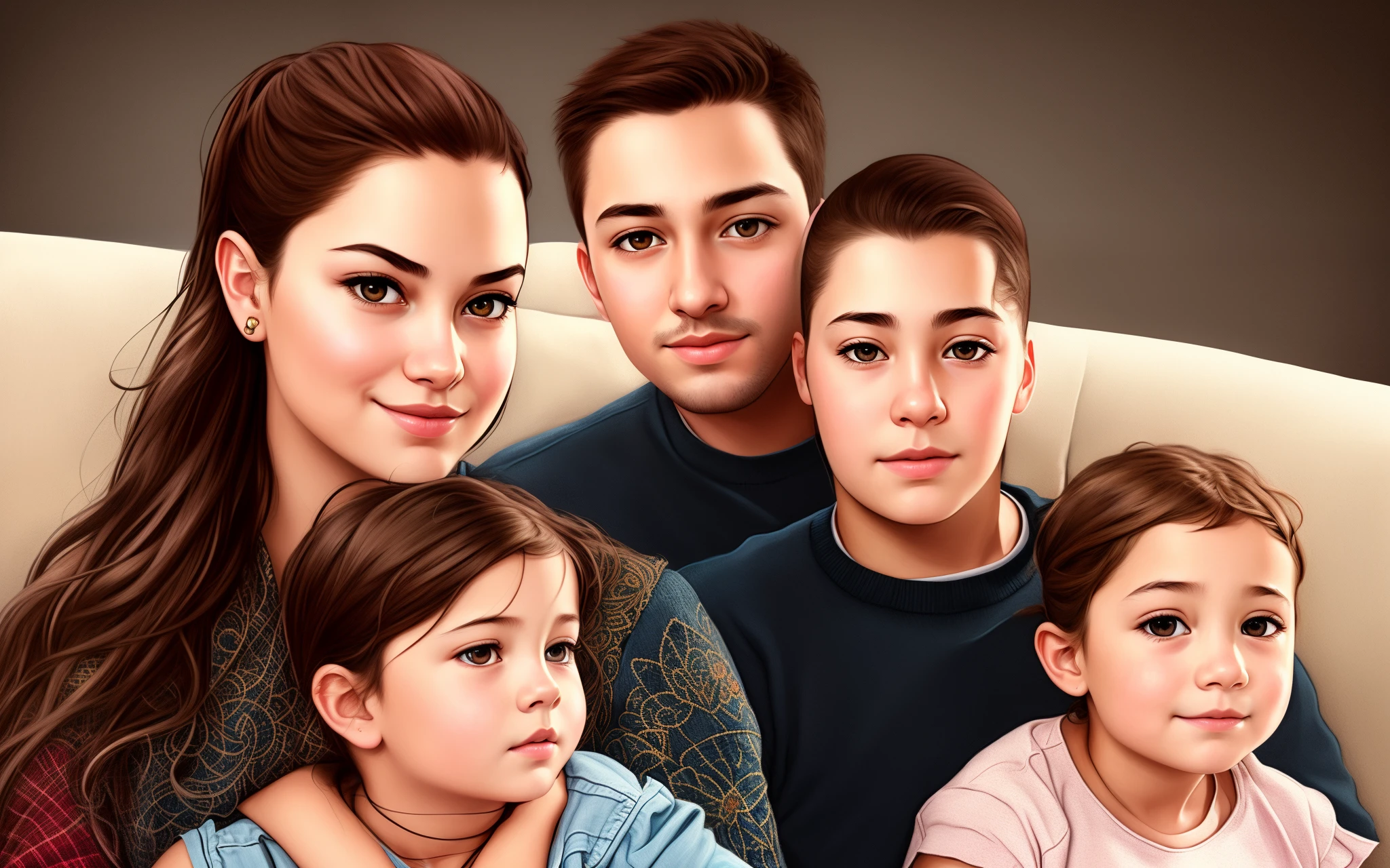 there are three people and a  sitting together on a couch, family portrait, high quality portrait, realistic portrait, realistic art style, detailed realistic faces, photo realistic portrait, detailed and realistic faces, cartoon digital painting, digital cartoon painting art, realistic faces and details, realistic style, epic portrait illustration, photorealistic faces