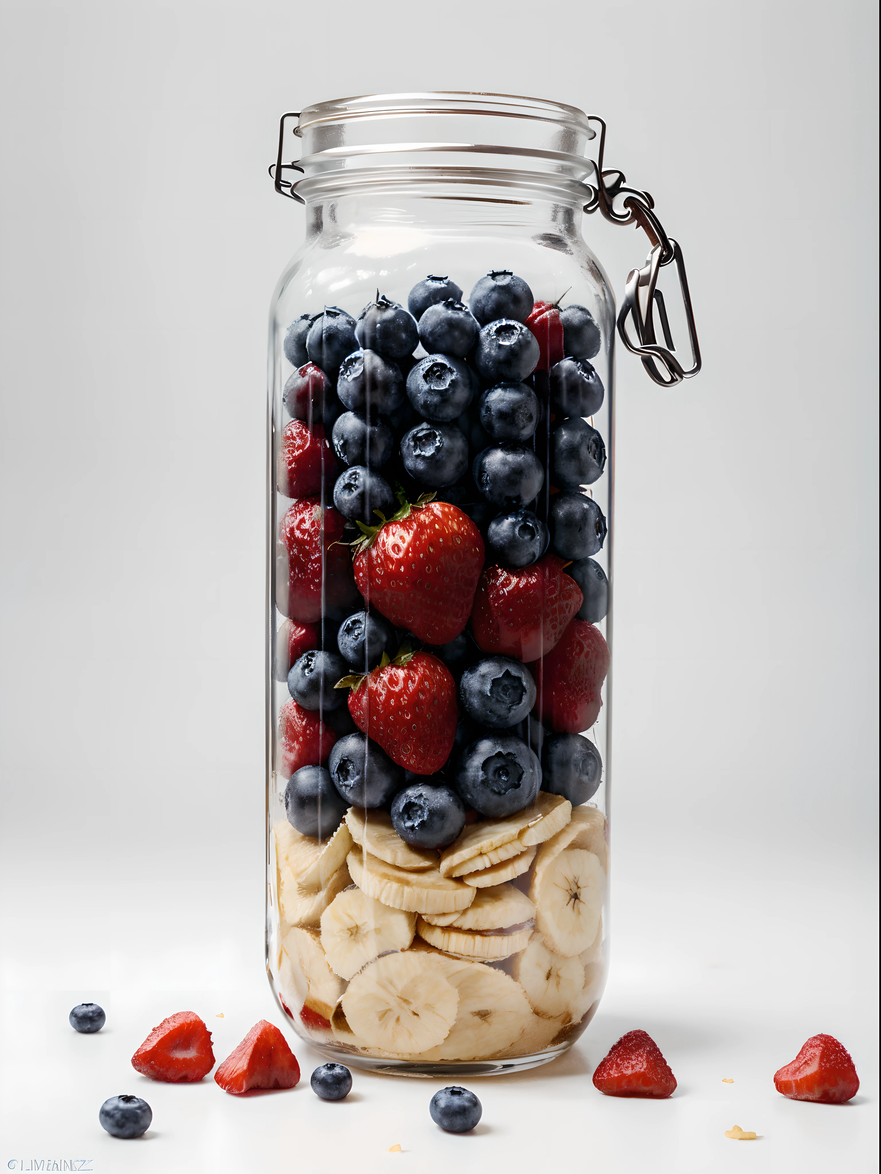 (Best quality,8K,Masterpiece:1.3),NOhumans,Clear glass,There are a lot of strawberries in it、Blueberries and Banana Chips, blend,, detalhe poderoso, intense detail, on the white background, Clear detail, professional,