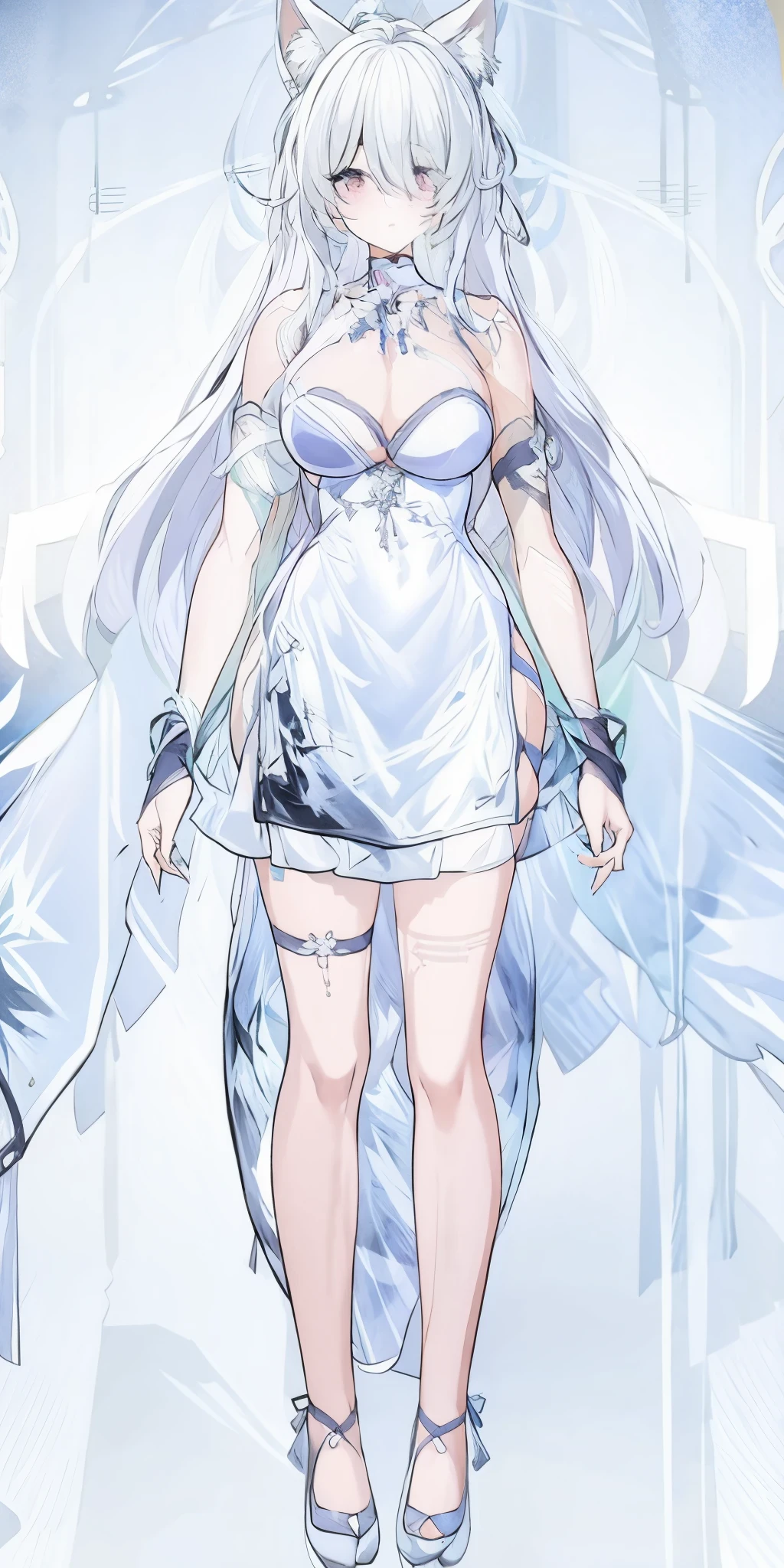 One in a white dress、Anime character of woman with cat ears, Cute anime waifu wearing nice clothes, White dress!! silber hair, azur lane style, Translucent liquid comes from《Azure route》videogame, in dress, 《Azure route》人物, from girls, clear outfit design, Anime full body illustration, white-haired god, Official character art
