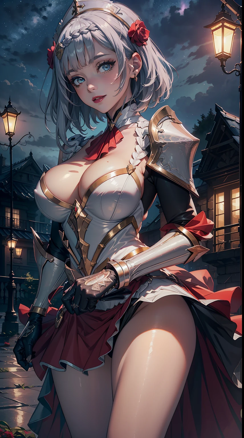 ((masterpiece)),(bestquality),((ultra-detailed)), ((beautiful detailed sky)), ((cinematic lighting)), depth of field, (dynamic angle),detailed lighting,((beautiful detailed eyes)), (night sky view), red lip, smile,eyeshadow,large breast, cleavage, ((wearing tiny dress, off shoulders, bare hips)), ((noelledef))