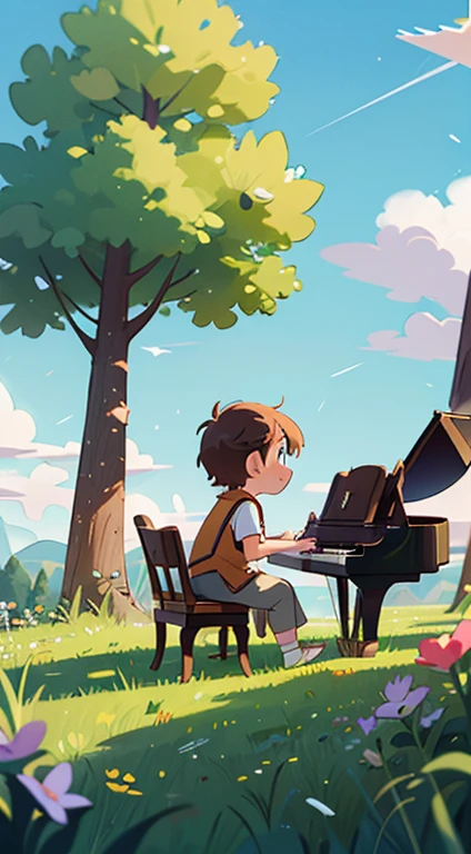 playing piano,Background Meadow,Faraway view,Skysky,Look up