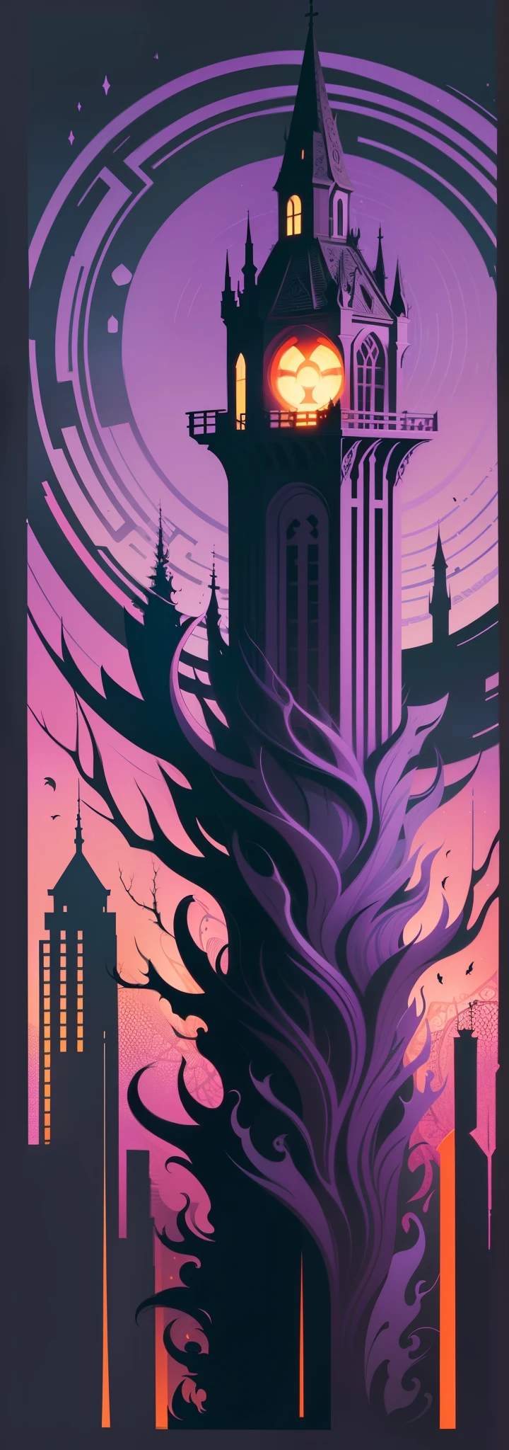 ((centered)), ((vector art)), (T-SHIRT DESIGN), colorful, (solid background), ((ready to print)), (fantasy), (detailed), (((flat vector art))), dark magic splash, dark, gothic theme, fantasy art, purple dark tower, purple theme, Adobe Illustrator, focused on the character, 4K resolution, a pumpkin in the middle of a dark wood --auto --s2
