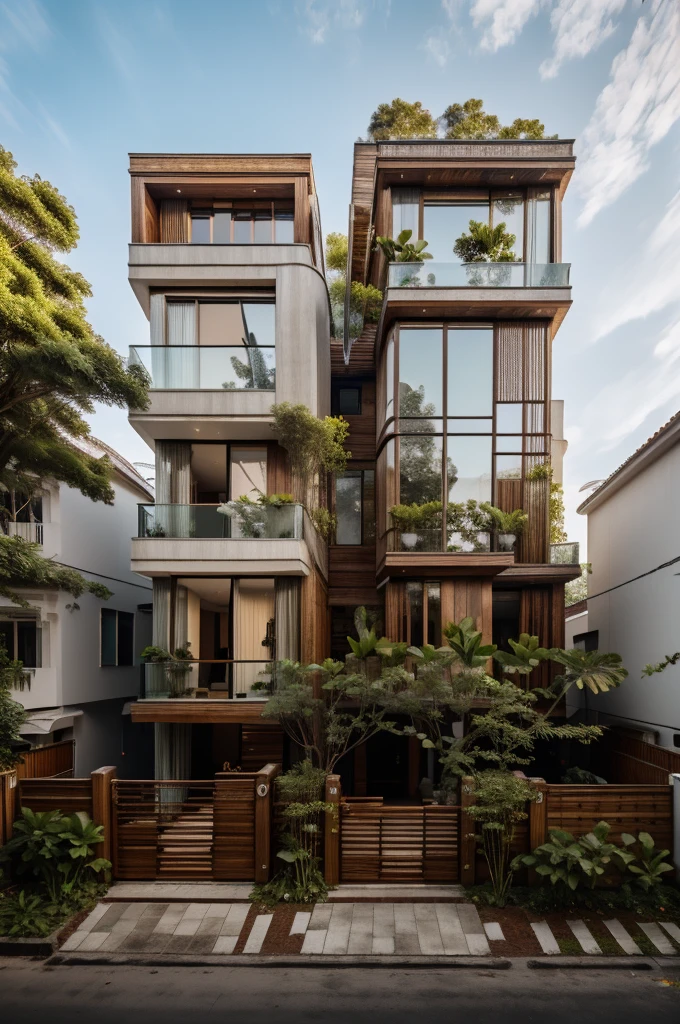 RAW photo,Masterpiece, high quality, best quality, authentic, super detail, townhouse, modern house,( brick wall:1.2) , glass windows, (wooden ceiling:1.1), railing glass, gate, fence, (curve:1.1),tropical trees, day, beautifu sky, (high detailed :1.2), 8k uhd, dslr, soft lighting, high quality, film grain, Fujifilm XT3