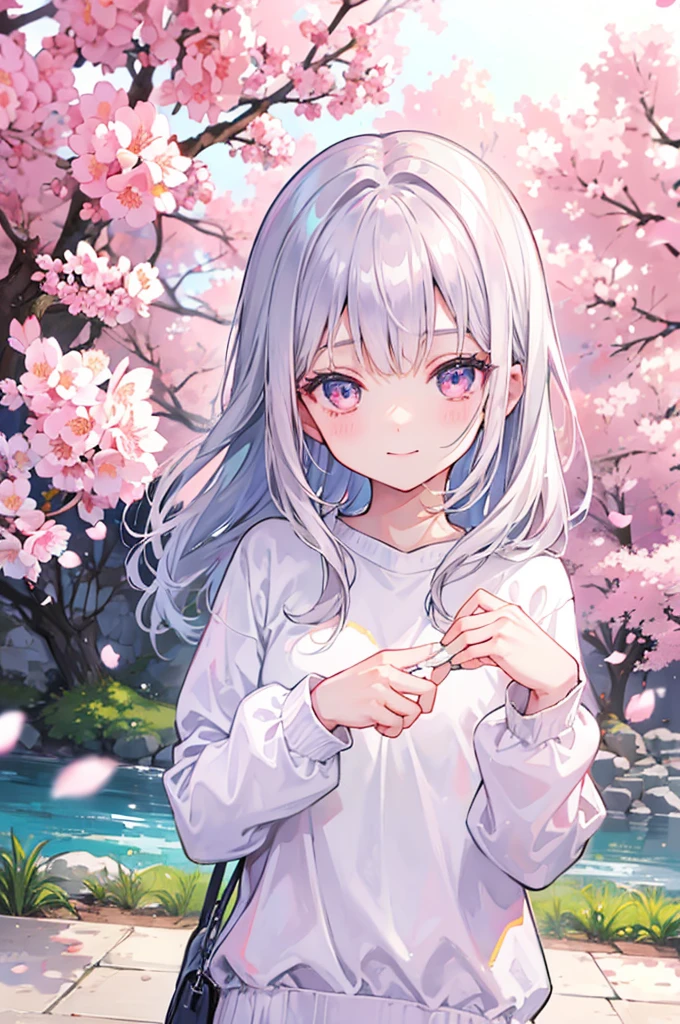 girl wearing a white sweatshirt、silber hair、pink sparkling eyes、Smile with narrowed eyes、the morning sun、Beautiful face with attention to detail、background is cherryblossoms、Clothes with open chest