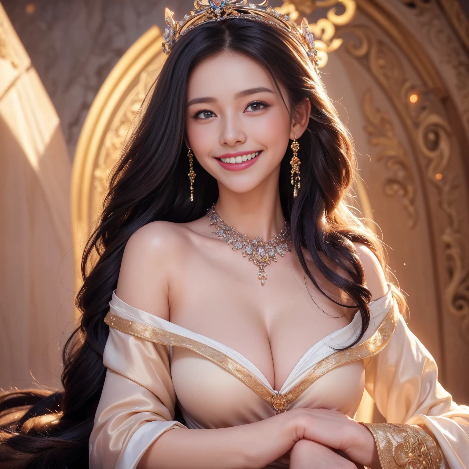portrait of a beautiful 20 year old holy woman, wearing a thin multicolored silk dress, a beautiful face without blemish, without freckles and moles on her face, (((beautiful smile:1.4))), ((7 color long hair:1.2)), big crown, hair brooch, handful dress, chinese ancient style, full body jewelry, forehead tattoo: (very even and red lips, face full of details, face 1.8) the goddess' skin is smooth white, rosy, cinematic, light and dark, dramatic light, magical light, extremely detailed light, true color, super sharp, realistic, 8k quality, fantasy universe background, saint and magical space, the most detailed image, sexy, Christmas