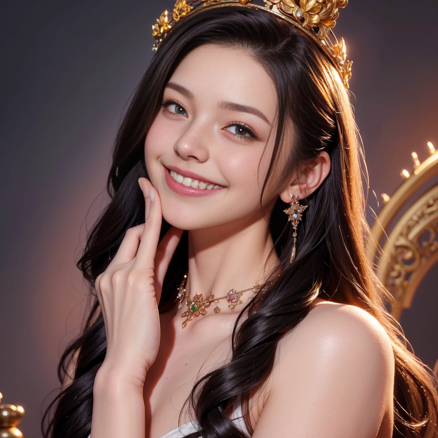 portrait of a beautiful 20 year old holy woman, wearing a thin multicolored silk dress, a beautiful face without blemish, without freckles and moles on her face, (((beautiful smile:1.4))), ((7 color long hair:1.2)), big crown, hair brooch, handful dress, chinese ancient style, full body jewelry, forehead tattoo: (very even and red lips, face full of details, face 1.8) the goddess' skin is smooth white, rosy, cinematic, light and dark, dramatic light, magical light, extremely detailed light, true color, super sharp, realistic, 8k quality, fantasy universe background, saint and magical space, the most detailed image, sexy, Christmas