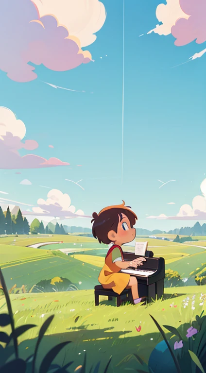 child playing piano，Background Meadow，Faraway view,Skysky，Look up
