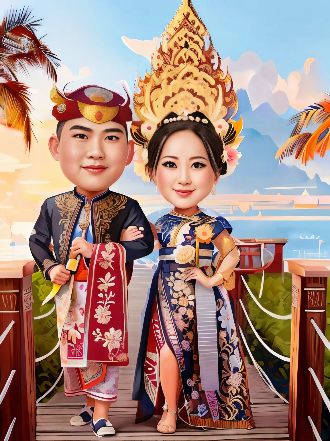 a painting of a couple in traditional thai clothing standing on a bridge, caricature illustration, wedding, rob rey and kentarõ miura style, caricature style, detailed portrait, digital cartoon painting art, digital art cartoon, cartoon artstyle, barong family, cartoon digital art, cartoon style illustration, high quality portrait, cartoon digital painting, portrait shot, large portrait