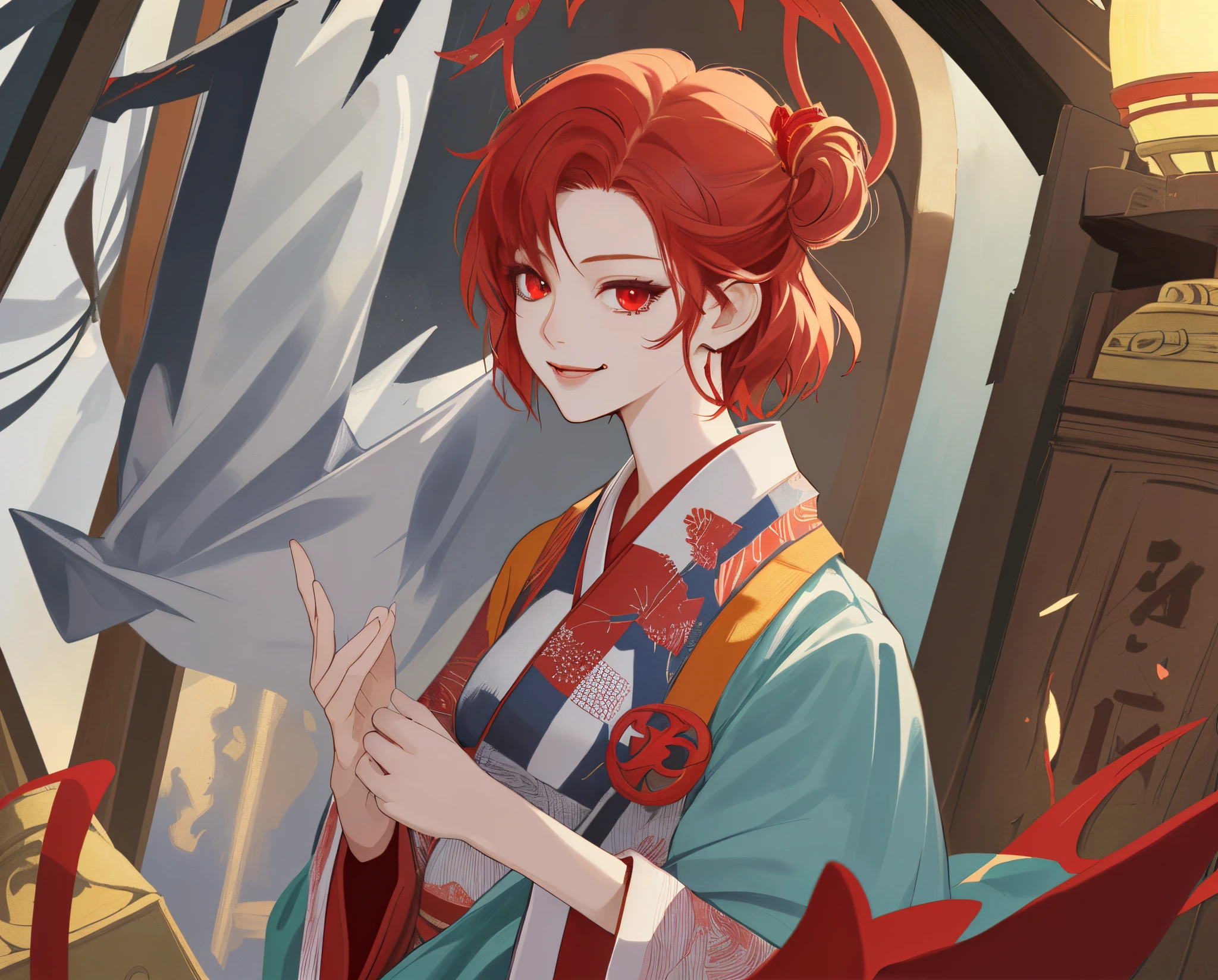 masterpiece、top-quality、超A high resolution、2D Beautiful Girl、animesque、girl with、Lori、Red hair、short-haired、Devilish figure、Beautiful red eyes、The clothes are also depicted in detail、Eyes are depicted in detail、The face is depicted in detail、The background is detailed、sorcerer、A shrine maiden who exorcises darkness、soio、Gentle smile、hair adornments、animesque、illustratio