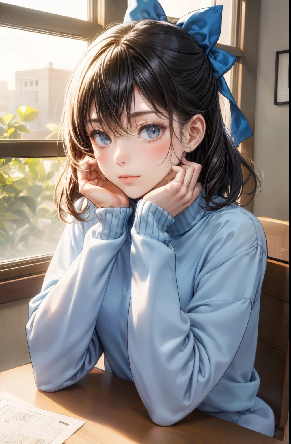 masutepiece, Best Quality, 1girl in, Solo, Medium Hair, window, Sitting, Indoors, The table, sleeves past wrists, cafes, Hair Bow, head rest, Closed mouth, Blue sweater, Upper body, (Perfect Anatomy:1.2)