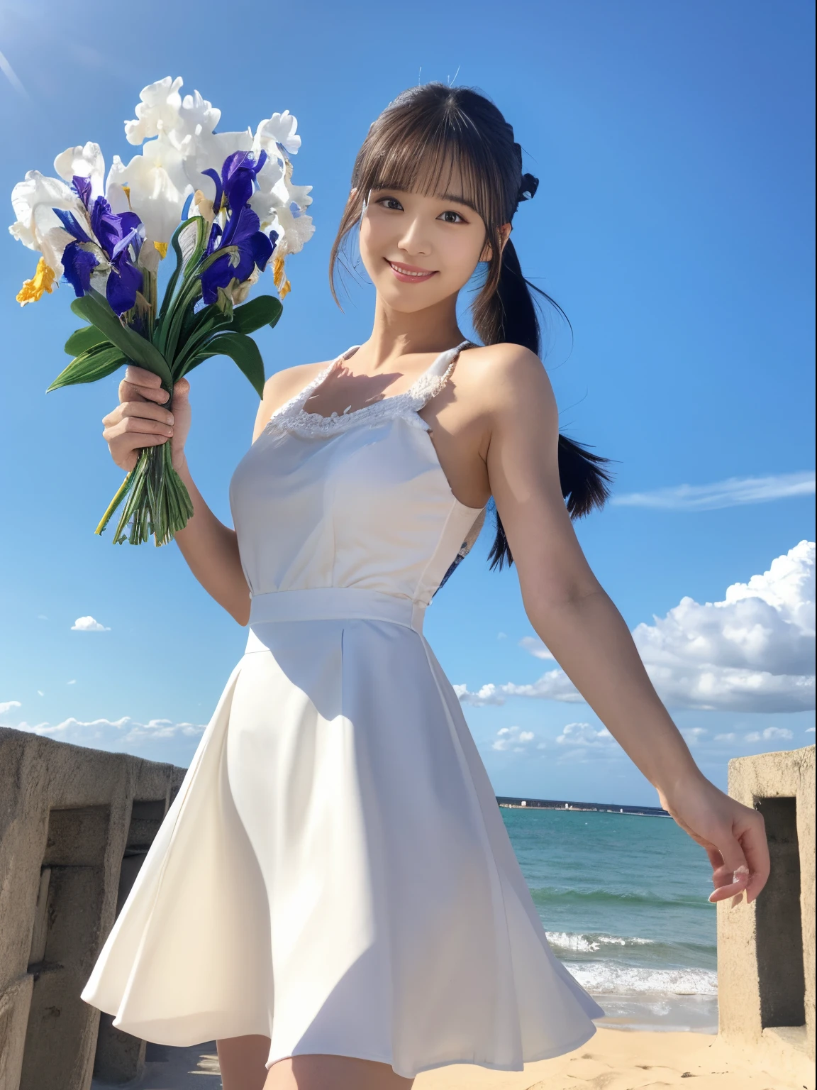 (masutepiece), (Best Quality), (Ultra-detailed),(Best Shadow:0.4), (Best Illustration), (extremely delicate and beautiful), Photorealistic, Dramatic Lighting, finely detail, fullbody image，1girl in, Solo, Radiant Beach, Detailed scenery, Blue sky, white clouds, Sunlight, Walking, (White camisole:1.22), White skirt, (finely detailed iris), Smile, :Beautiful，poneyTail, holding flower bouquet, Holding,