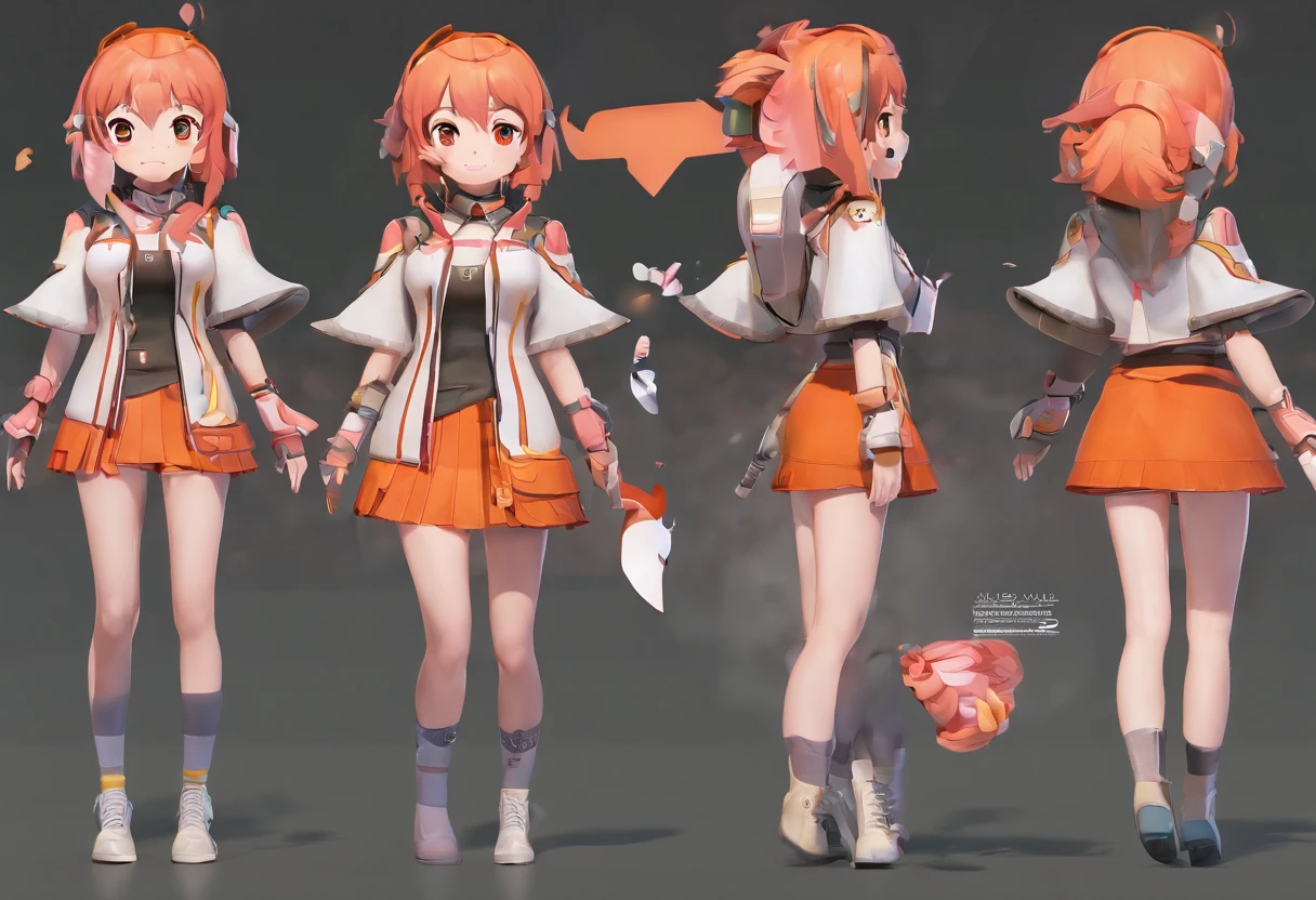 Multi-view,front view,side view,rear view,concept art,character painting,two-dimensional culture,1girl,orange hair,gradient,multiple views,gradient background,virtual youtuber,bangs,ahoge,grey background,boots,long sleeves,looking at viewer,smile,puffy sleeves,reference sheet,full body,standing,jacket,shoulder cutout,braid,profile,detached sleeves,