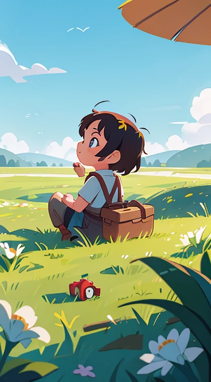 child playing lego,Background Meadow,Faraway view,Skysky,Look up