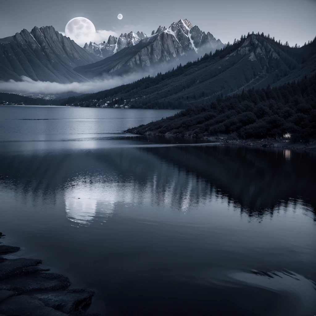 deep dark background,Monte,Eau,stans,the huge moon,k hd,hyper HD,(Tech style,E-commerce,ultra - detailed),The beautiful,Black and white,Reflection in the water,Ripples appear next to the stone,Big Mountain,Mountains after mountains,Big moon behind the mountains,inverted image