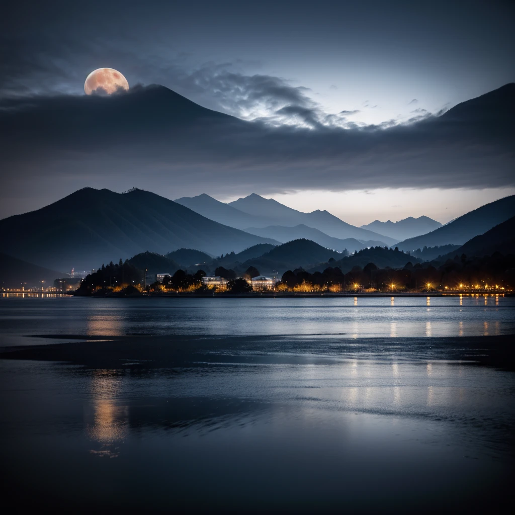 deep dark background，Monte，Eau，stans，the huge moon，k hd，hyper HD，（Tech style，E-commerce，ultra - detailed），The beautiful，Black and white，Reflection in the water，Ripples appear next to the stone，Big Mountain，Mountains after mountains，Big moon behind the mountains，inverted image