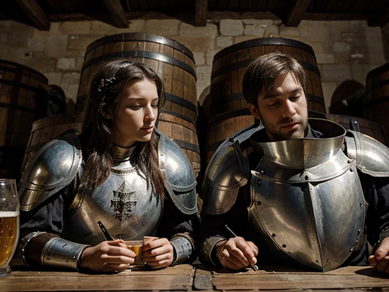 Medieval (knights) in Armor are sleeping in empty beer barrels, medieval painting