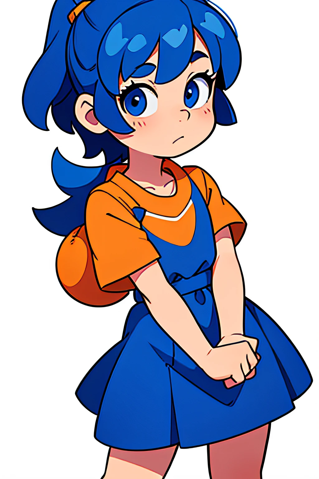 asethetic, masterpiece, white background, plain background, best quality, drawing of a of a chest up of a with blue hair and orange dress