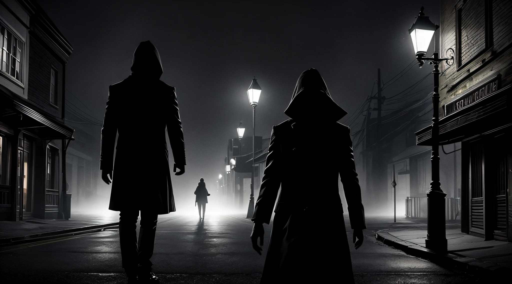 Prompt: Design an image portraying a couple navigating through a foggy, ominous small town at night. Capture the tension and unease as they encounter a mysterious figure emerging from the shadows, with a focus on their expressions and the dark, foreboding atmosphere.