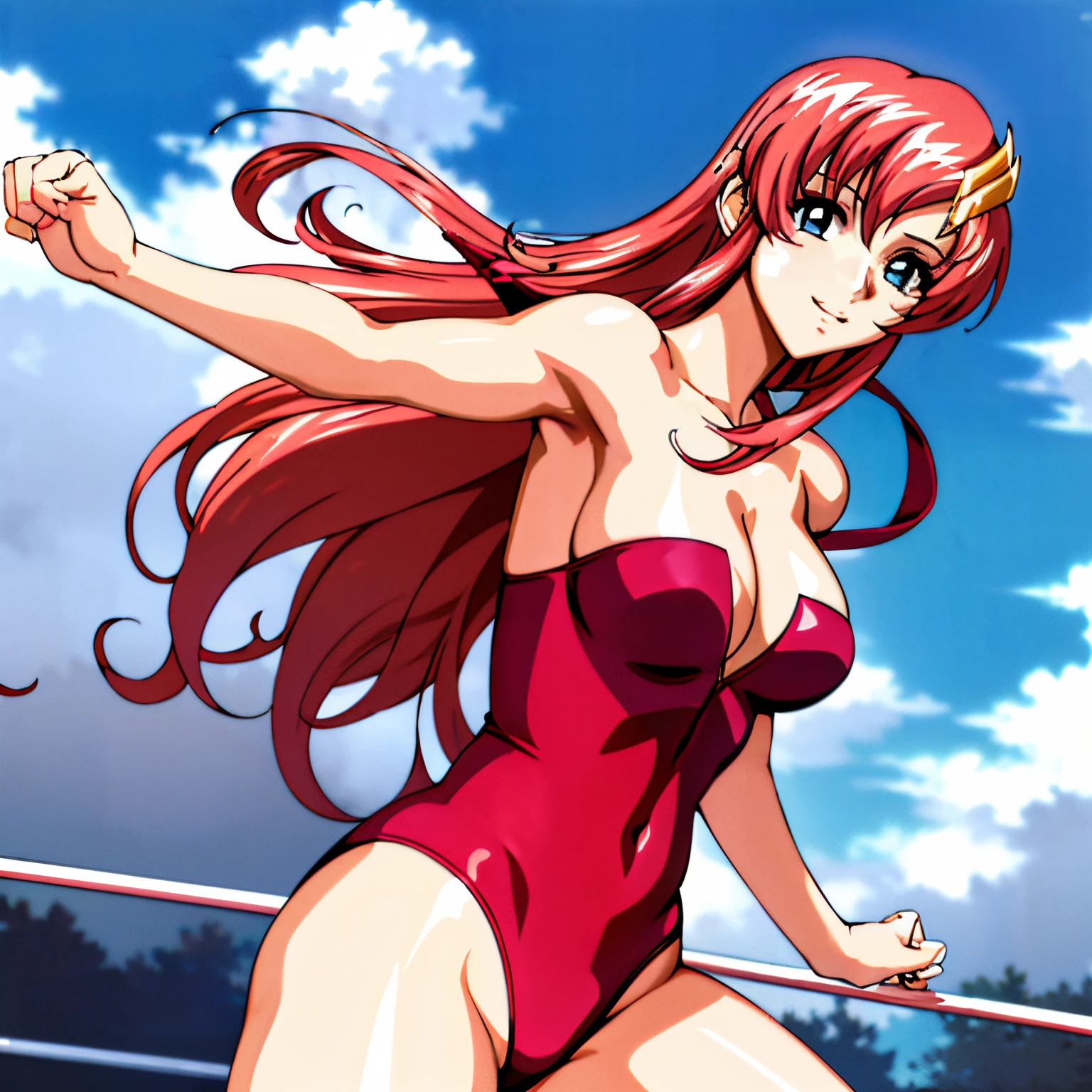 (masterpiece, armpit lines, upper body view, 4K, Best Quality, Anime style: 1.9, far view, Adult Woman, (stretching), ultra detailed face, (cloud background, wrestling), Drawing lines, high resolution, Anime, lacus4), 1girl, Solo, curvy figure, Long hair, 鎖骨, scapular, (Detailed wide hair bangs, Hair Ornament, Detailed reddish-pink hair, shiny streaks, hair cover shoulders, golden crest), cleavage, large hands, (female wrestler). (Big blue eyes, shiny eyes), ((female wrestler, (slim body), , little biceps, closed fists, thighs)), ((perfect proportions, medium breasts, long belly)), (((red strapless, neck band))), happy, smile, (standing, looking at the viewer)