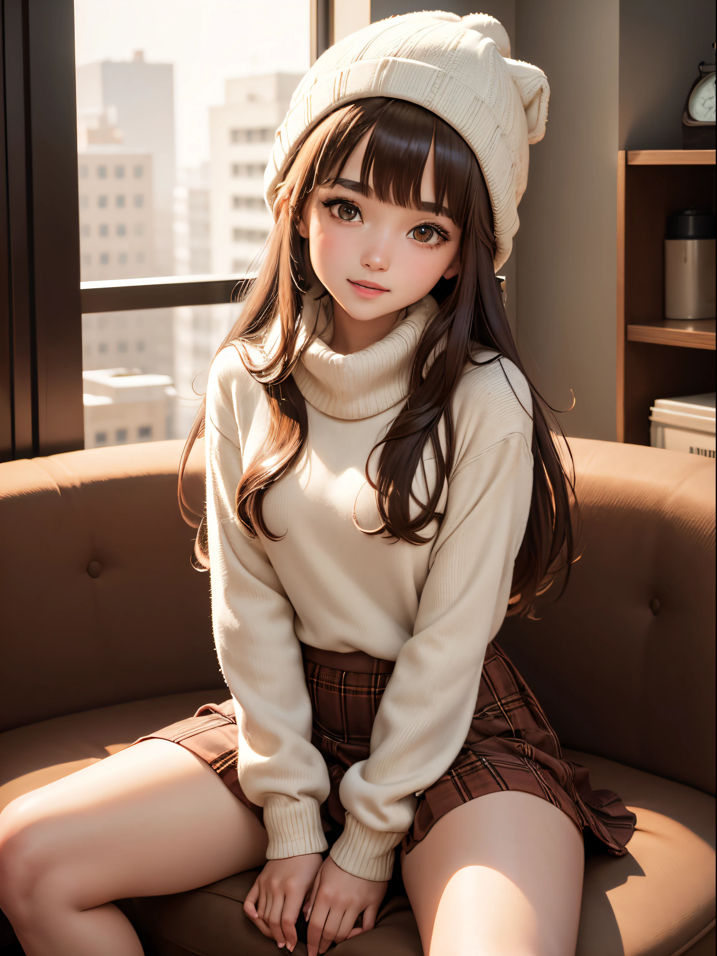 1girl in, Autumn leaves, Bangs, Blurry background, blush, Brown eyes, Brown hair, (Accurate Hand Modeling),Cowboy Shot,Beanie, Holding,Long hair, Looking at Viewer, Open mouth, Open white shirt, Smile, Solo, Extremely detailed, Convoluted, masutepiece, absurderes,sit naked in a hotel chair,White panty,open one's legs,