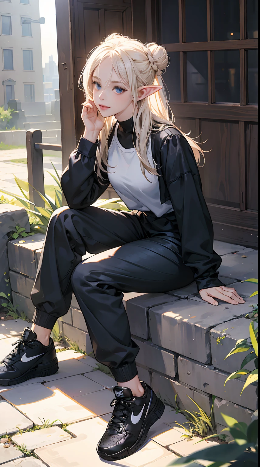 1elf girl, solo, white blonde hair, Deep Blue Eyes, Perfect lips, Birdcage Bun, asymmetrical bangs, light smile, black techwear outfit, black shirt, open black techwear, black joggers, Nike Air Force 1 Shadow sneakers, sitting on gray and dusty rubble, blurred objects in the background, light from the upper right corner, shadow on the lower left. A illustration of a female elf sitting on gray and dusty rubble. By Yusuke Murata.