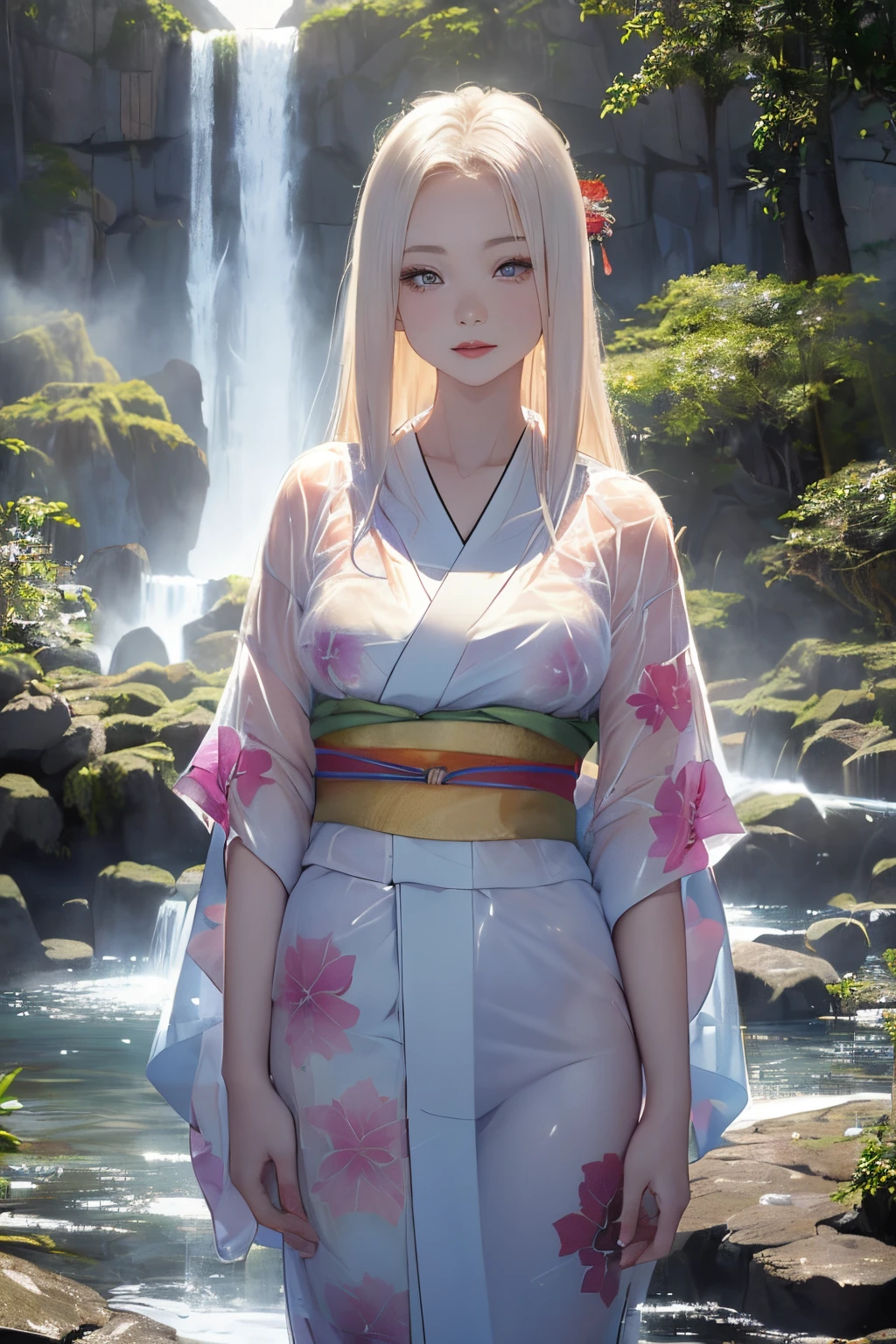 (((Standing in the middle of a waterfall on a moonlit night:1))),((beautiful woman standing in the middle of the pond:1)),((Beautiful half-naked woman in a beautiful waterfall basin)), ((Sharp bewitching eyes))、((A sexy))、(((See-through kimono:1.3)))、((Kimono made of thin cloth wet with water:1)), pale skin、((Nipple bumps:1)), (((1 girl in:1))), ((pale skin))、Melancholy beautiful face、Beautiful expression、Sexy face, (((Lower breast)))、(((Beautiful breasts ))), Beautiful 、Super fine face、Delicat eyes、(Double eyelids)、 (((1 Japan Woman)))、 Beautie, 20yr old,((See-through kimono)), (Show off by wearing Japanese revealing clothes),