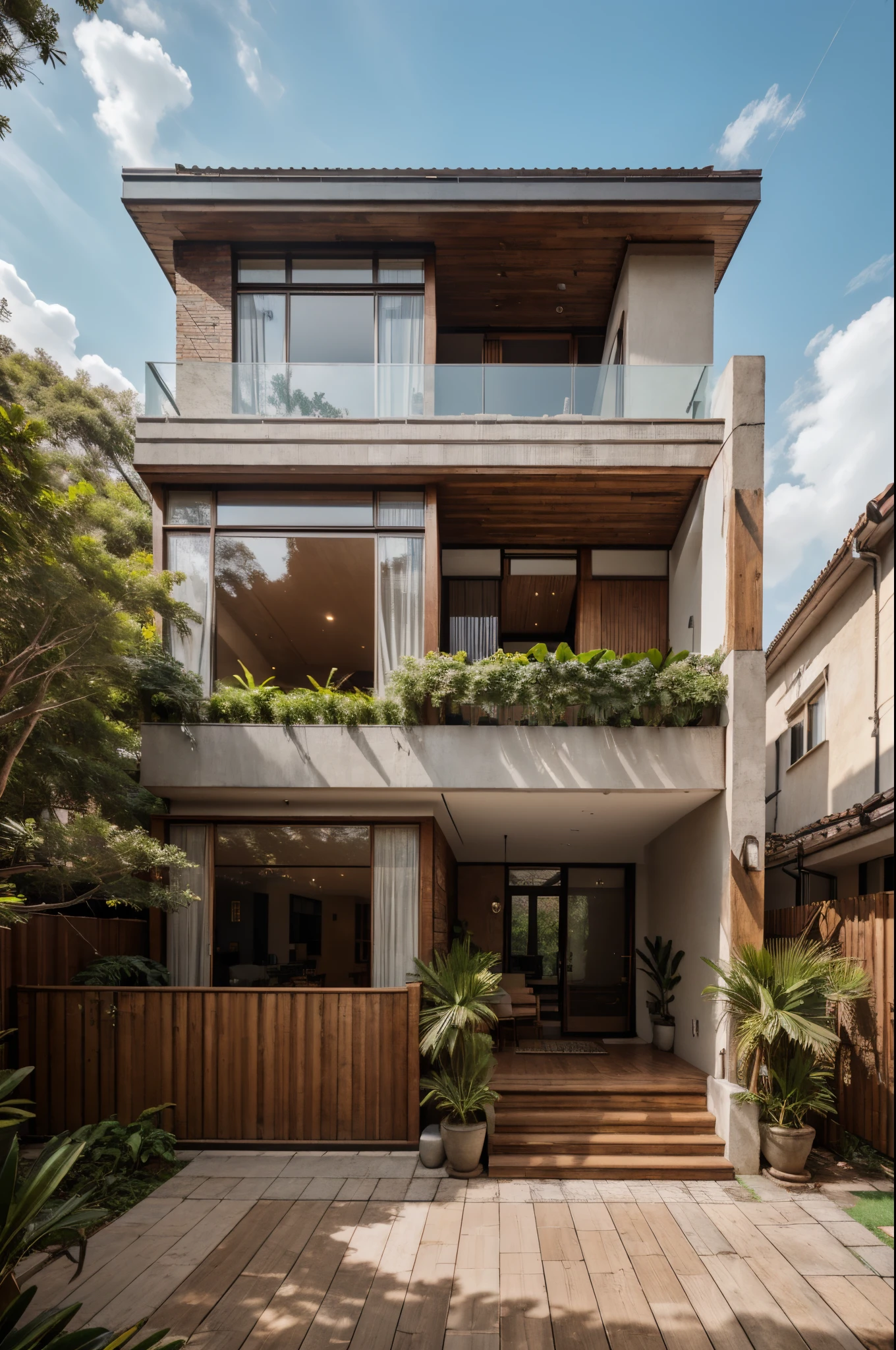 RAW photo,Masterpiece, high quality, best quality, authentic, super detail, townhouse, modern house,( brick wall:1.2) , glass windows, (wooden ceiling:1.1), railing glass, gate, fence, (curve:1.1),tropical trees, day, beautifu sky, (high detailed :1.2), 8k uhd, dslr, soft lighting, high quality, film grain, Fujifilm XT3