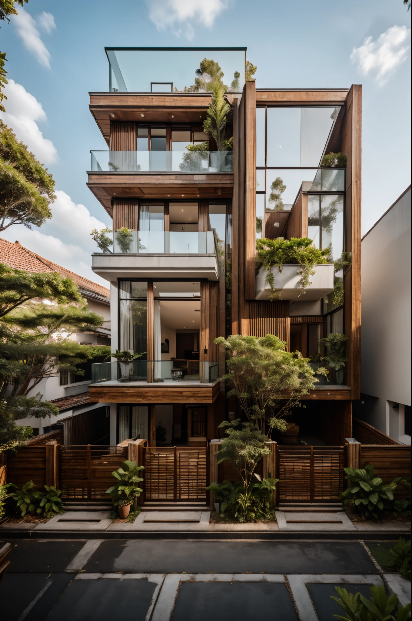 RAW photo,Masterpiece, high quality, best quality, authentic, super detail, townhouse, modern house,( brick wall:1.2) , glass windows, (wooden ceiling:1.1), railing glass, gate, fence, (curve:1.1),tropical trees, day, beautifu sky, (high detailed :1.2), 8k uhd, dslr, soft lighting, high quality, film grain, Fujifilm XT3