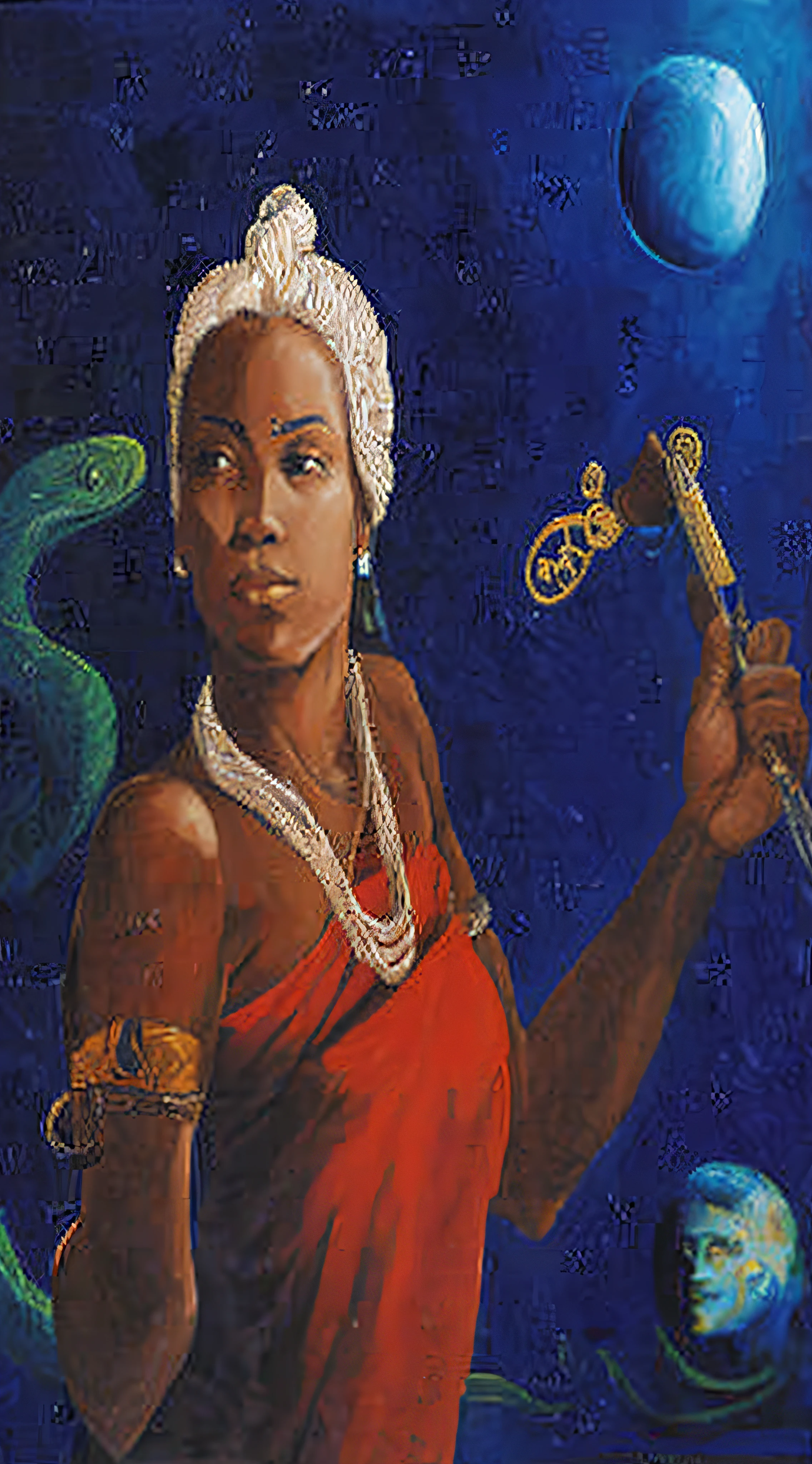 painting of a woman holding a key and a snake in her hand, portrait of ororo munroe, portrait of a scorpion goddess, portrait of a cosmic goddess, afrocentric mysticism, mami wata, dark skin female goddess of love, deity leesha hannigan, inspired by Mati Klarwein, afrofuturism, high priestess, goddess of wisdom