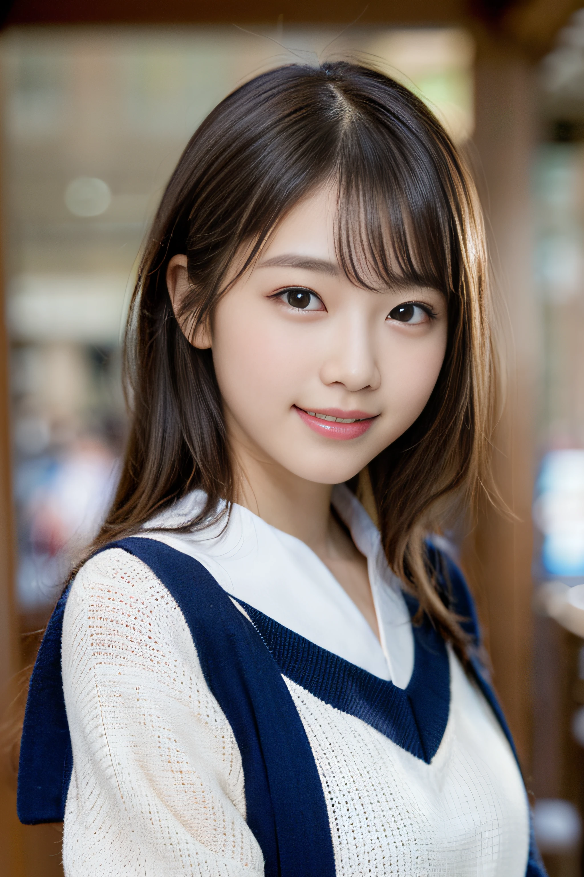 (8K、Raw photography、top-quality、​masterpiece:1.2)、(realisitic、Photorealsitic:1.37)、ultra-detailliert、超A high resolution、女の子1人、see the beholder、beautifull detailed face、A smile、Constriction、(Slim waist) :1.3)、Beautiful detailed skin、Skin Texture、Floating hair、Professional Lighting、Whole human body、Longhaire、japanese hight school uniform、a sailor suit、Bob Hair、E-cup、Happy smile、sixteen years old、Red ribbons、a baby face、Childish smile、Suppin、Moisturizing lips、Thin pink lips、Nostalgic countryside、Game Center