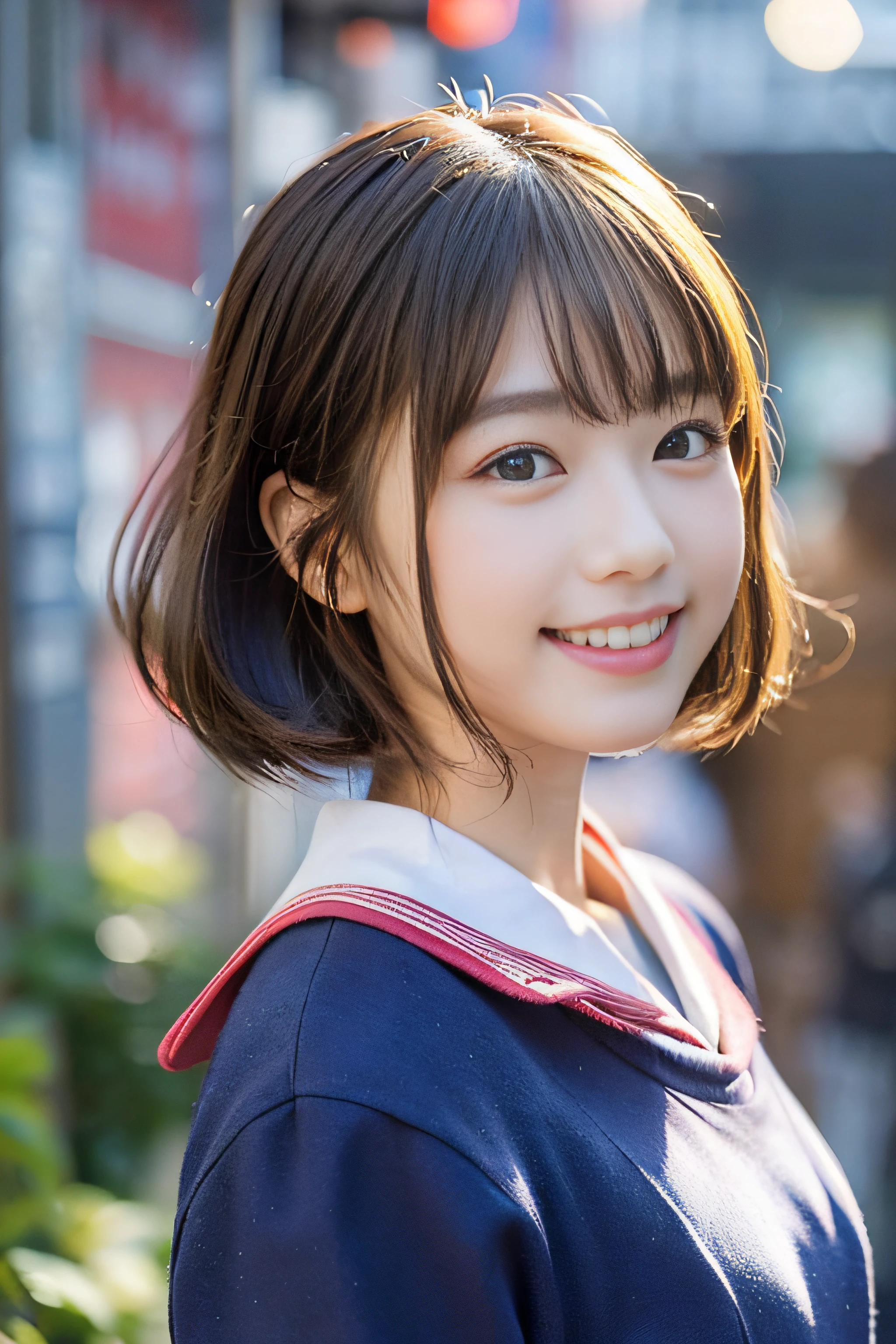 (8K、Raw photography、top-quality、masterpiece:1.2)、(realisitic、Photorealsitic:1.37)、ultra-detailliert、超A high resolution、女の子1人、see the beholder、beautifull detailed face、A smile、Constriction、(Slim waist) :1.3)、Beautiful detailed skin、Skin Texture、Floating hair、Professional Lighting、Whole human body、Longhaire、japanese hight school uniform、a sailor suit、Bob Hair、E-cup、Happy smile、sixteen years old、Red ribbons、a baby face、Childish smile、Suppin、Moisturizing lips、Thin pink lips、Nostalgic countryside、Game Center
