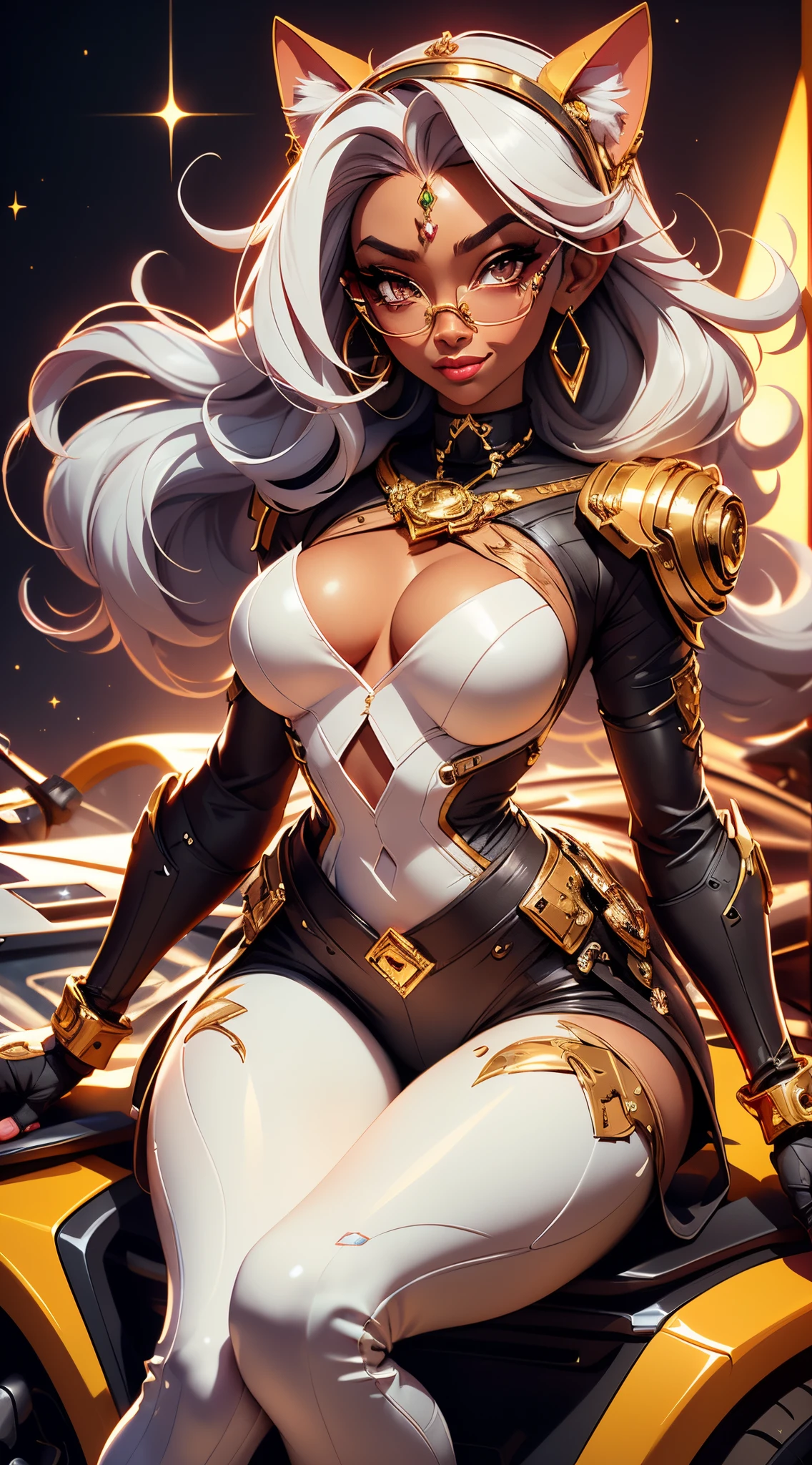 A fantz monster design, Cute robots in space [style-rustmagic]，female robot，Half-human, tmasterpiece，（tmasterpiece，top-quality，best qualityer），1girll， jewely， long whitr hair， Golden hair，Black color hair，Silvery-white hair，Maroon hair， 独奏， 耳Nipple Ring， ssmile， motorvehicle， choker necklace， sun glasses， looking at viewert， bangle， The Car， A plant， high-waist pants， groundvehicle， Sat down， exteriors， daysies， nedium breasts，Open navel， The shirt， dark skinned female， Colored glasses， longer sleeves， buliding， Dark  skin，， parted lip， hoop earings， circle glasses， Estampados florales， choker necklace，grinning smile，a black choker，collars，Laser cloth，Sexy bikini，holy rays，gold foil，Gold leaf art，glitter drawing，Correct anatomy，Detailed face, Detailed eyes，Blindfolds，Cat hat，