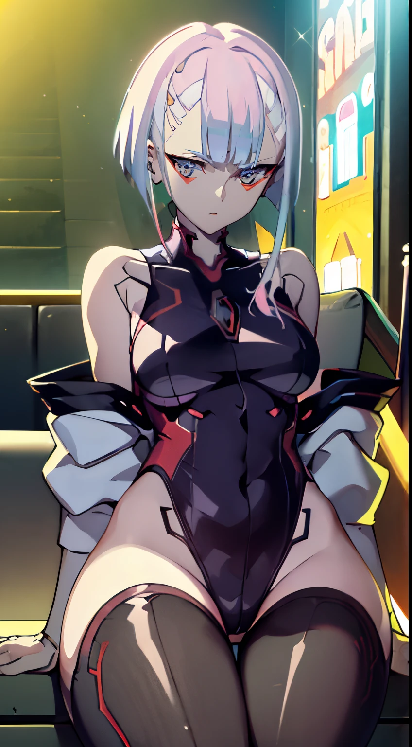 photo portrait, Sits, Sits, pulling the knees up to the chest, very detailed eyes, Beautiful figure, Lucy from the anime series Cyberpunk Edge Runner, a 1girl, facing the viewer, Beautiful figure (Proper Anatopy 1.1.), in full height (Body Full 1.1), Slim, Slender figure, Slender figure, shapely legs, Anime style, white colored hair, white colored hair, that disappear at the ends, Bob hairstyle, short white jacket, tight black suit, Cutouts on the shoulders, Cutouts on the chest, Neckline at the waist, Skinny black leather pants, Very detailed face, Very beautiful face, Very sexy ass, in full height (Body Full 1.1), Tall android girl, small elastic breasts, Little ass, Glitter Head Mask, Hair is gathered in a braid, Beautiful slim figure, small buttocks, A braid around the head, Round braid, Red Star in the Forehead, Short Brown Jacket, black tight suit, darkly,gris & Dark Style:1.1), Light, femininity,tmasterpiece,beste-Qualit,higly detailed,Visible to the feet, 8K resolution, High Sharp, 8K resolution, higly detailed, 8K UHD, Professional lighting, Photon mapping,physical based rendering, a perfect face, detailed face and body, ray traced, expressive look, Cinmatic Lighting,elastic small breasts, Heightened sexuality,