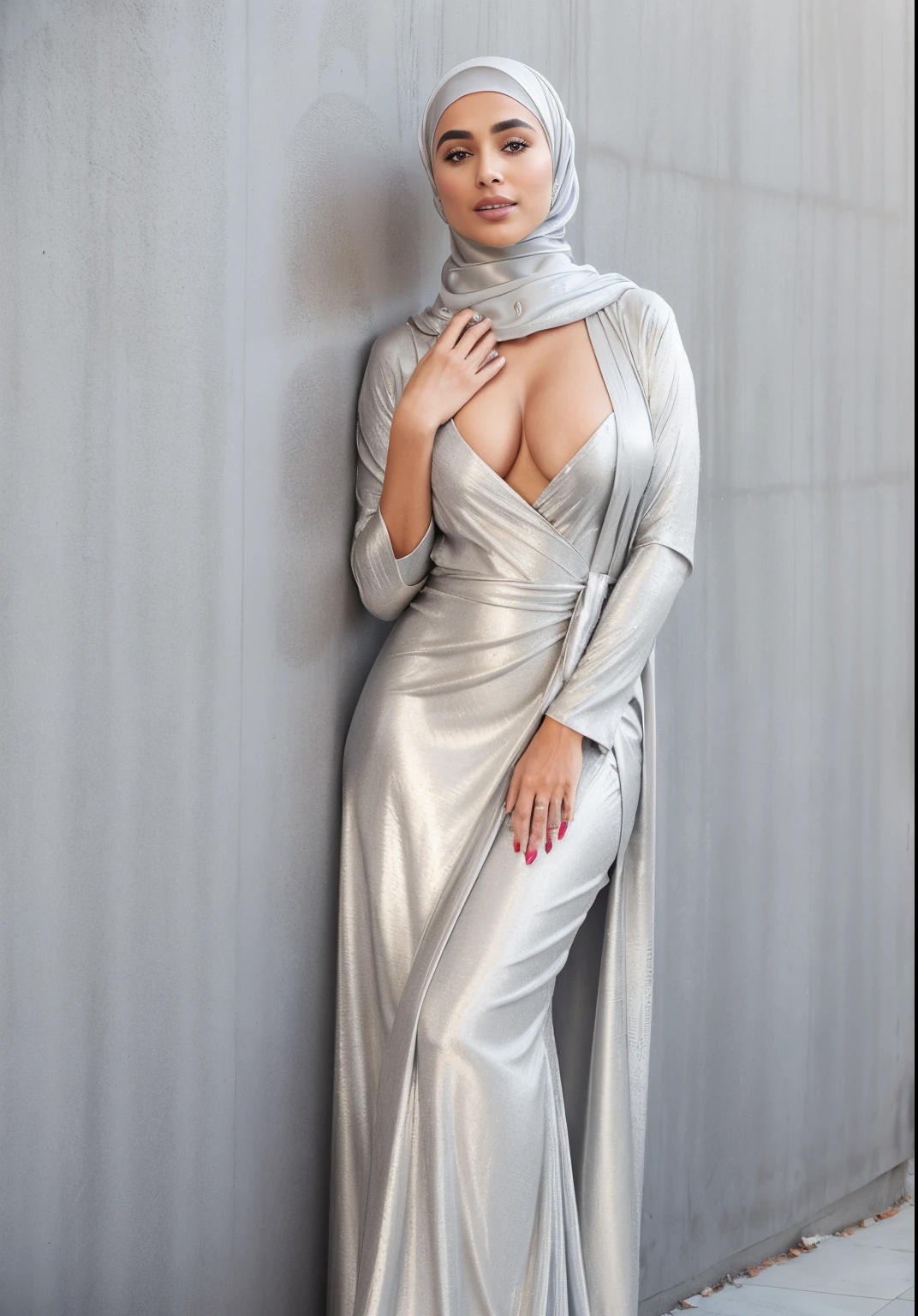 araffe wearing a silver dress and a hijab leaning against a wall, wearing silver silk robe, in a silver silk robe, wearing long silver robes, wearing silver dress, beautiful arab woman, sexy gown, fancy silver dress, satin silver, arabian beauty, wearing! robes!! of silver, arab princess, ornate flowing silvered robes, robe. extremely high details, (big breast 2)