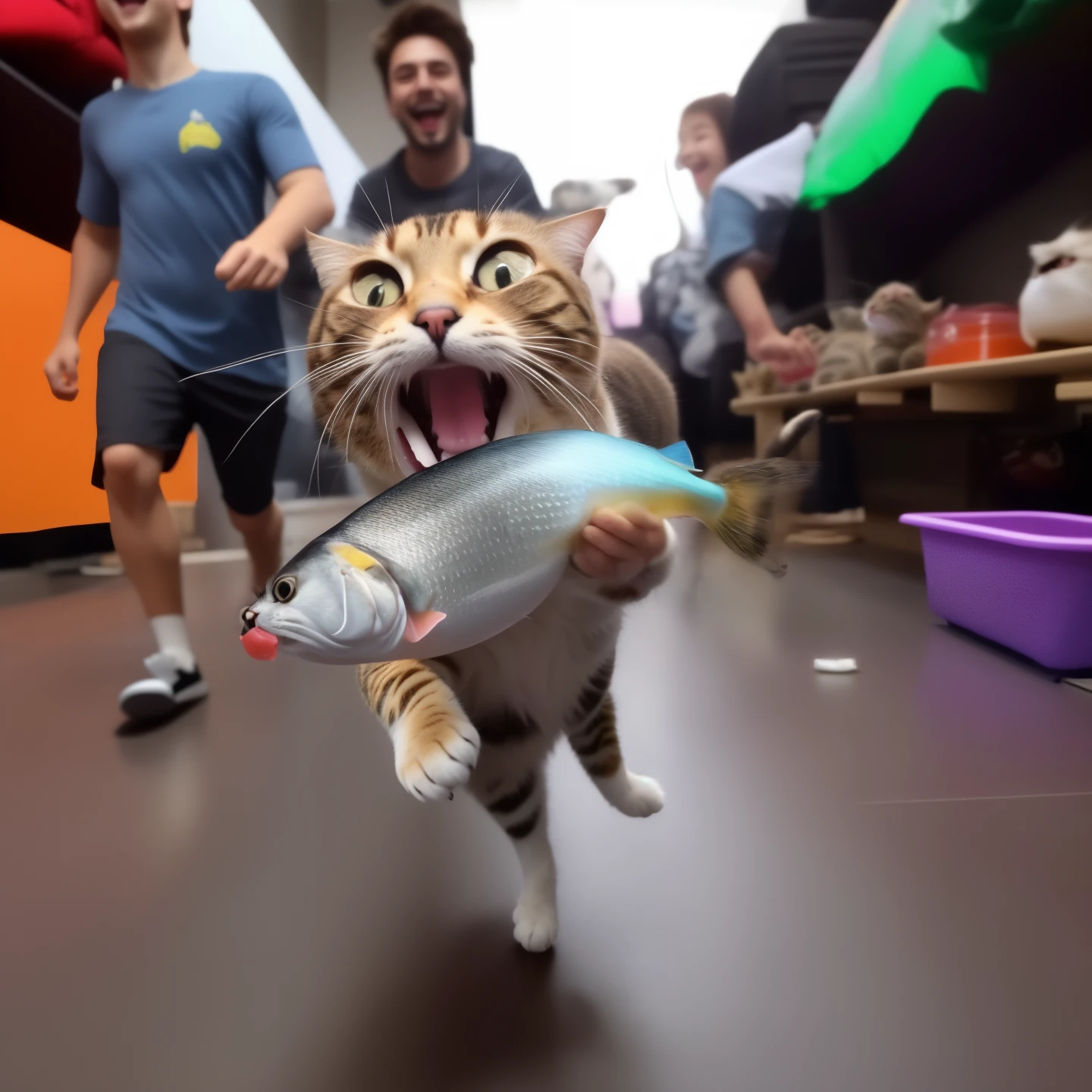there is a cat that is holding a fish in its mouth, happy cat, running cat, awesome cat, !!! cat!!!, real-life tom and jerry, funny cat, running towards the camera, very excited, he is very happy, !!!! cat!!!!, fish in the background, running towards camera, the cat is smiling, with a happy expression