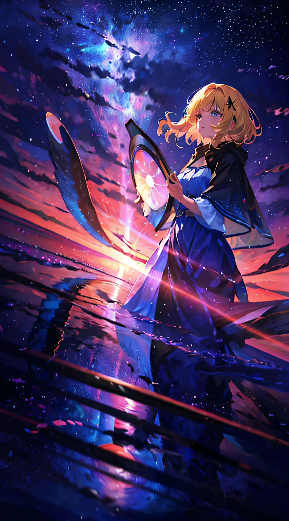 A woman stands in the sky looking at spiral galaxies, sitting on the cosmic cloudscape, she is approaching heaven, Cosmos Sky, girl looks at the space, space clouds, amazing wallpapers, Cosmic hair anime girl, cloud goddess, girl clouds, on cosmic cloudscape, nebula sky, Blonde girl in cosmic dress, Cosmos Sky, Beautiful iPhone wallpapers
