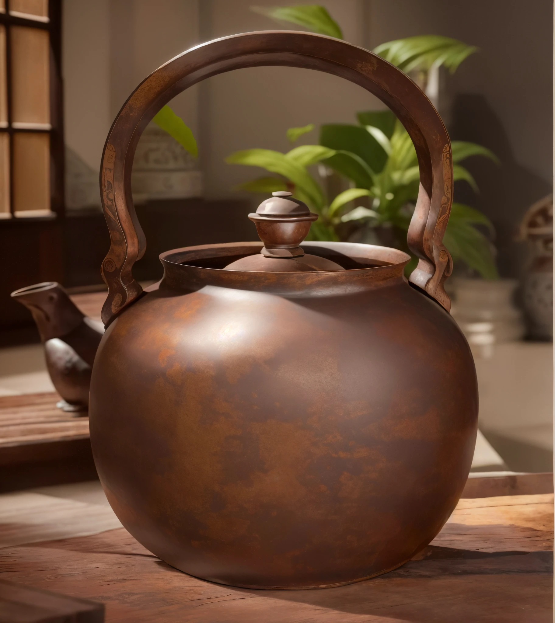 （A bronze square tripod sits on an old wooden table：1.2),Chinese Shang Dynasty bronzes，Square bronze pot with four legs，massiness，Decorated with ornate Taotie patterns，Gorgeous chinoiserie texture，（Cinematic texture：1.5），in real environment,8K