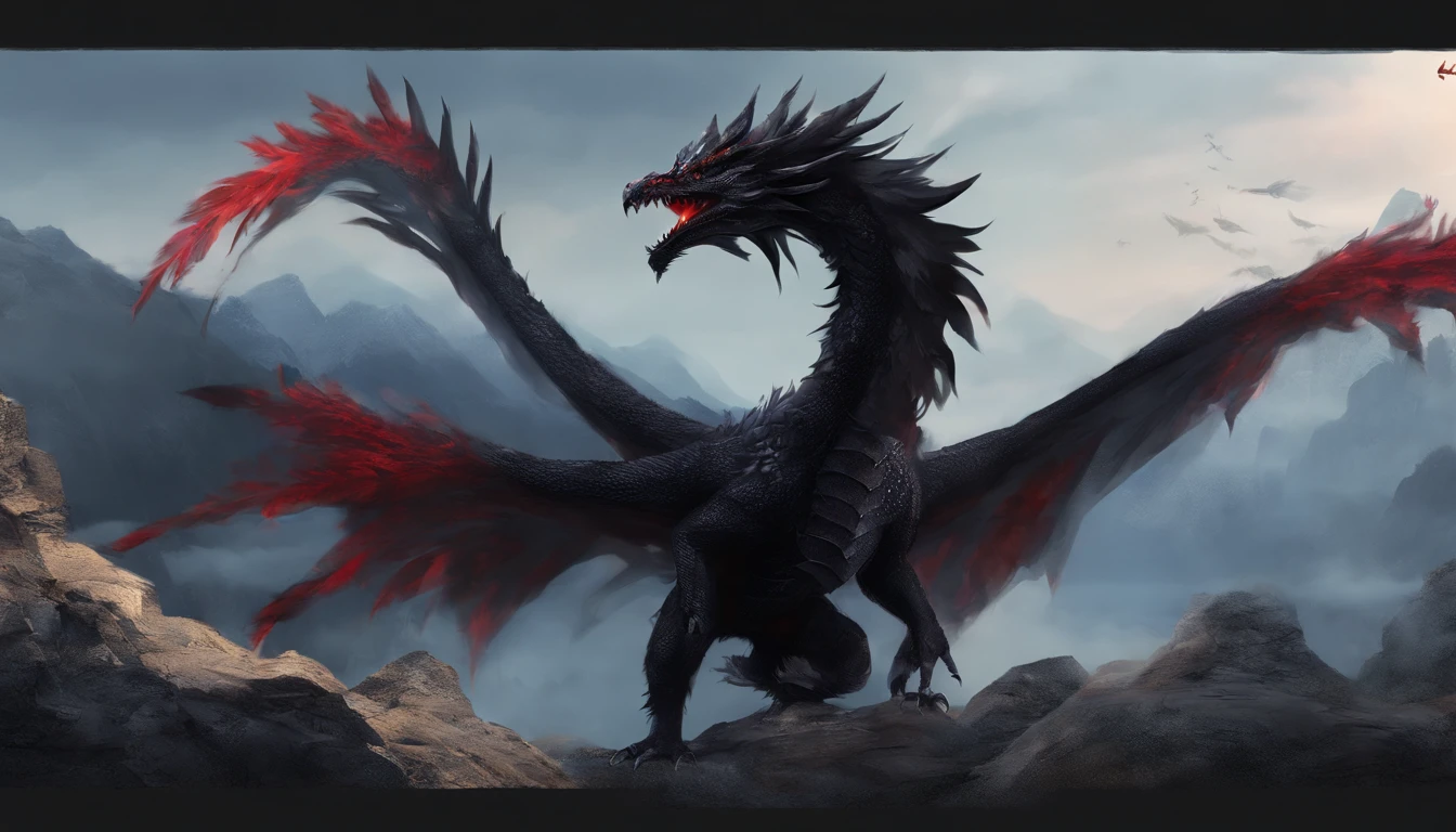 One black fluffy dragon with feathers and red eyes, black mountains,  fantasy, mystical, dragon has feathers and is fluffy