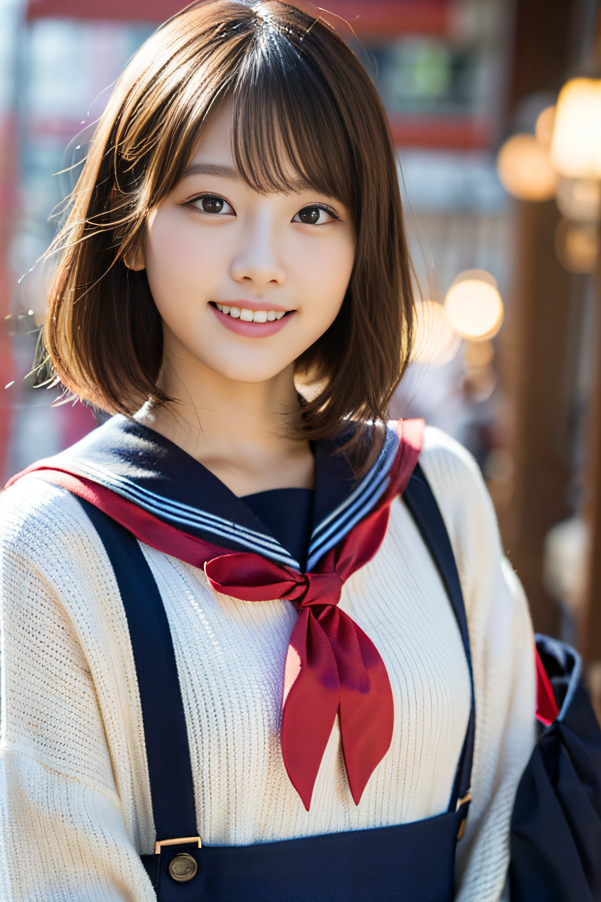 (8K、Raw photography、top-quality、masterpiece:1.2)、(realisitic、Photorealsitic:1.37)、ultra-detailliert、超A high resolution、女の子1人、see the beholder、beautifull detailed face、A smile、Constriction、(Slim waist) :1.3)、Beautiful detailed skin、Skin Texture、Floating hair、Professional Lighting、Whole human body、Longhaire、japanese hight school uniform、a sailor suit、matriculation、、Bob Hair、E-cup、Happy smile、sixteen years old、Red ribbons、a baby face、Childish smile、Suppin、Moisturizing lips、Thin pink lips、Nostalgic countryside