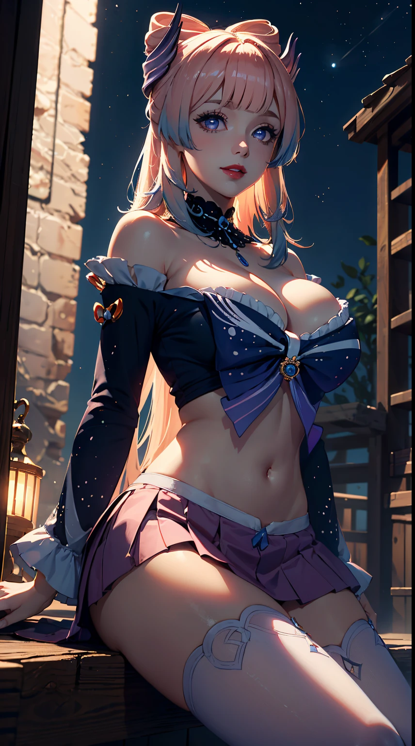 ((masterpiece)),(bestquality),((ultra-detailed)), ((beautiful detailed sky)), ((cinematic lighting)), depth of field, (dynamic angle),detailed lighting,((beautiful detailed eyes)), (night sky view), red lip, smile,eyeshadow,large breast, navel,cleavage, ((bare arm)), ((short skirt)) , ((off shoulders, sexy)), ((kokomidef))