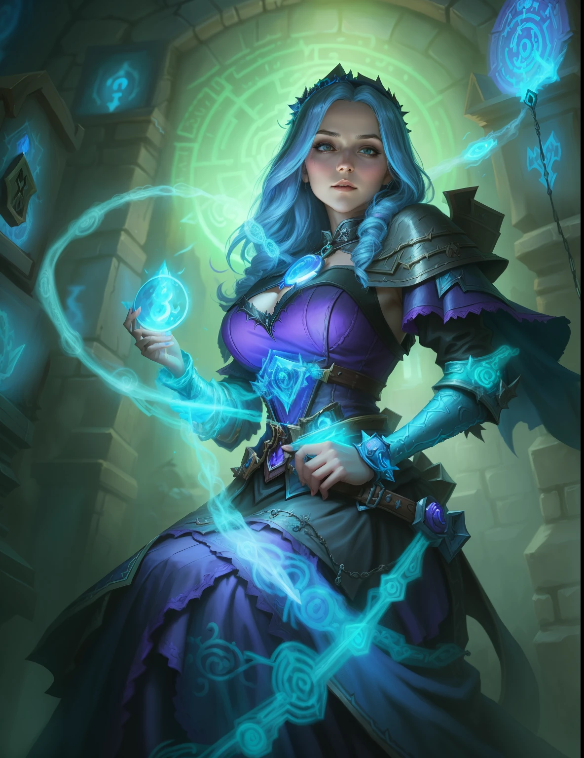 Woman in purple dress holding blue light, necromancer sorceress, Female mage casting spell, Hearthstone Card Art, Hearthstone card art, Drawn in mysterious style, Fantasy Hearthstone art style, hag, hearthstone art, Hearthstone card game artwork. ”, Hearthstone card game artwork, From Hearthstone, Astrie Lohne