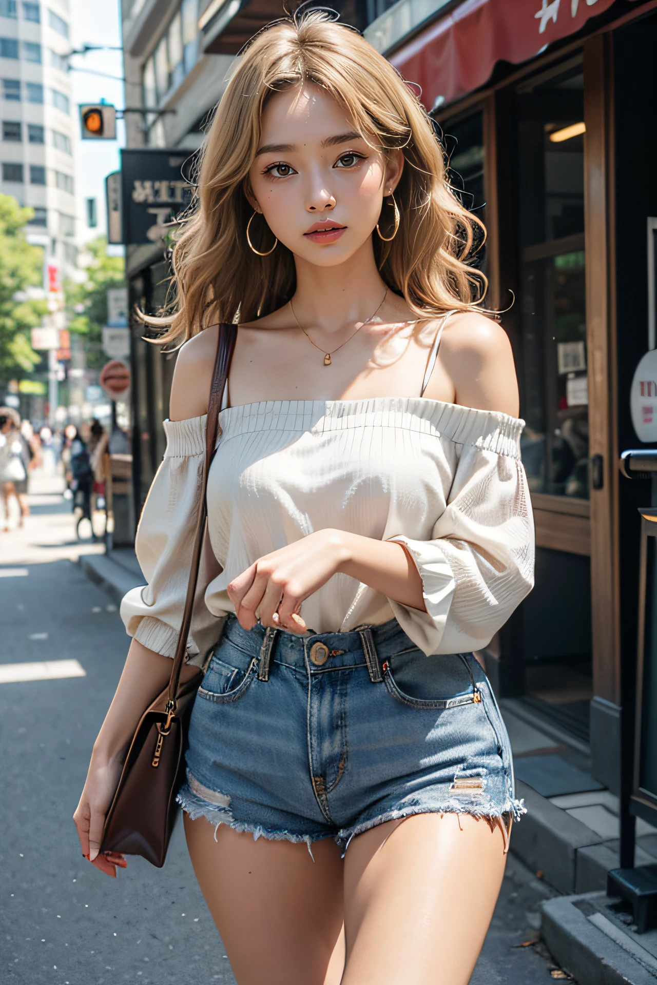 (best quality,4k,8k,highres,masterpiece:1.2),ultra-detailed,(realistic,photorealistic,photo-realistic:1.37),Loose beach waves Hairstyle, (sun-kissed blonde) hair color, (light bronze) eyeshadow, (coral) lip color, (white) off-shoulder blouse, (light wash) high-waist denim shorts, (beige) strappy sandals. Accessories are (gold) hoop earrings, (brown) leather crossbody bag, (brown) tortoise shell sunglasses. The background is walking down the streets of Shibuya, surrounded by tall buildings, trendy cafes, and shops.