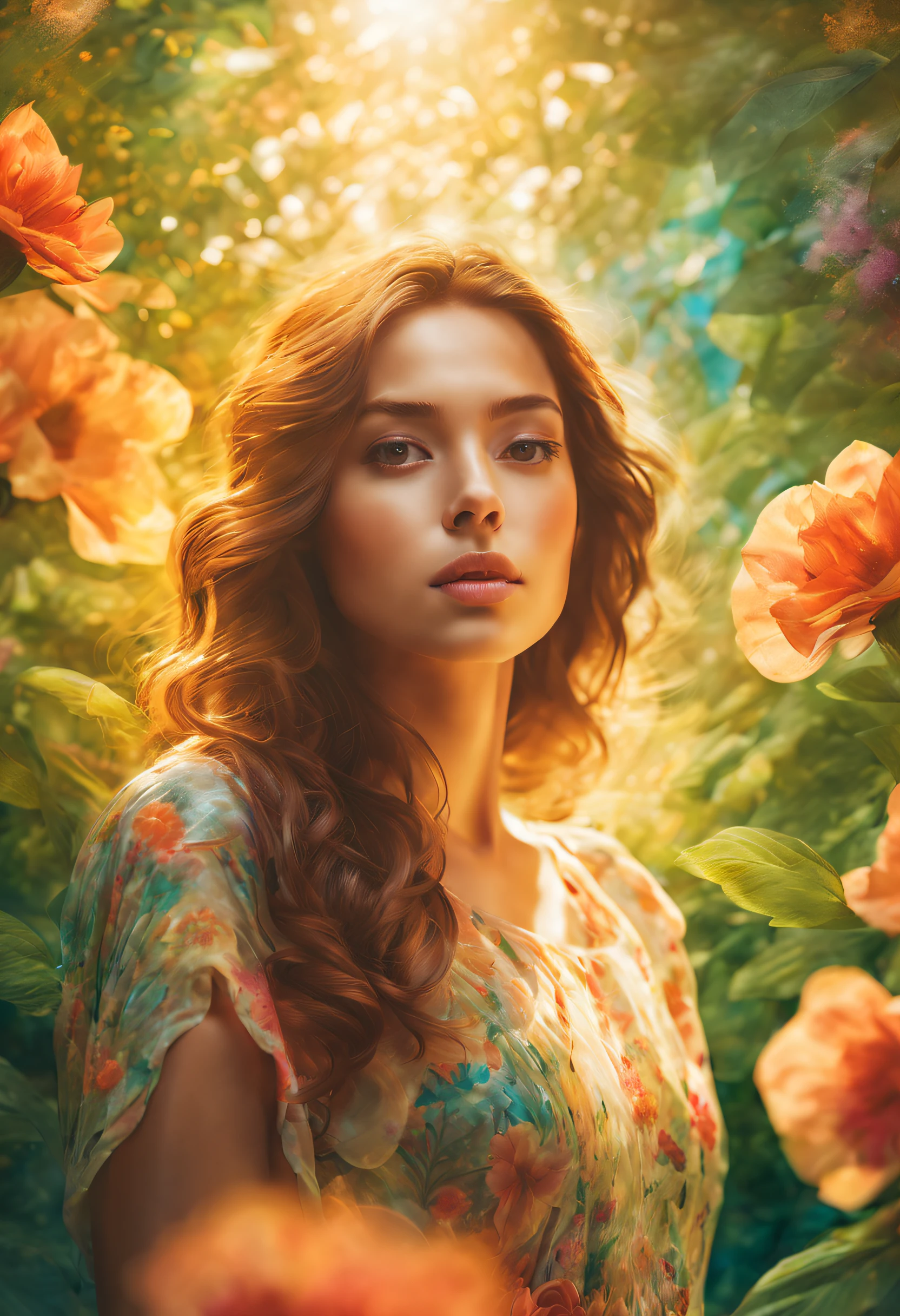 A girl with double exposure effect, (best quality, highres, ultra-detailed), wearing a flowing dress, surrounded by nature (lush green trees, colorful flowers), with rays of sunlight shining through the leaves. Her eyes are detailed and captivating, her lips are beautifully defined. The artwork has a painterly style with vibrant colors and soft brushstrokes. The overall color tone is warm and dreamy, with a touch of golden hour. The lighting is soft, emphasizing the girl's features and creating a gentle, ethereal atmosphere.