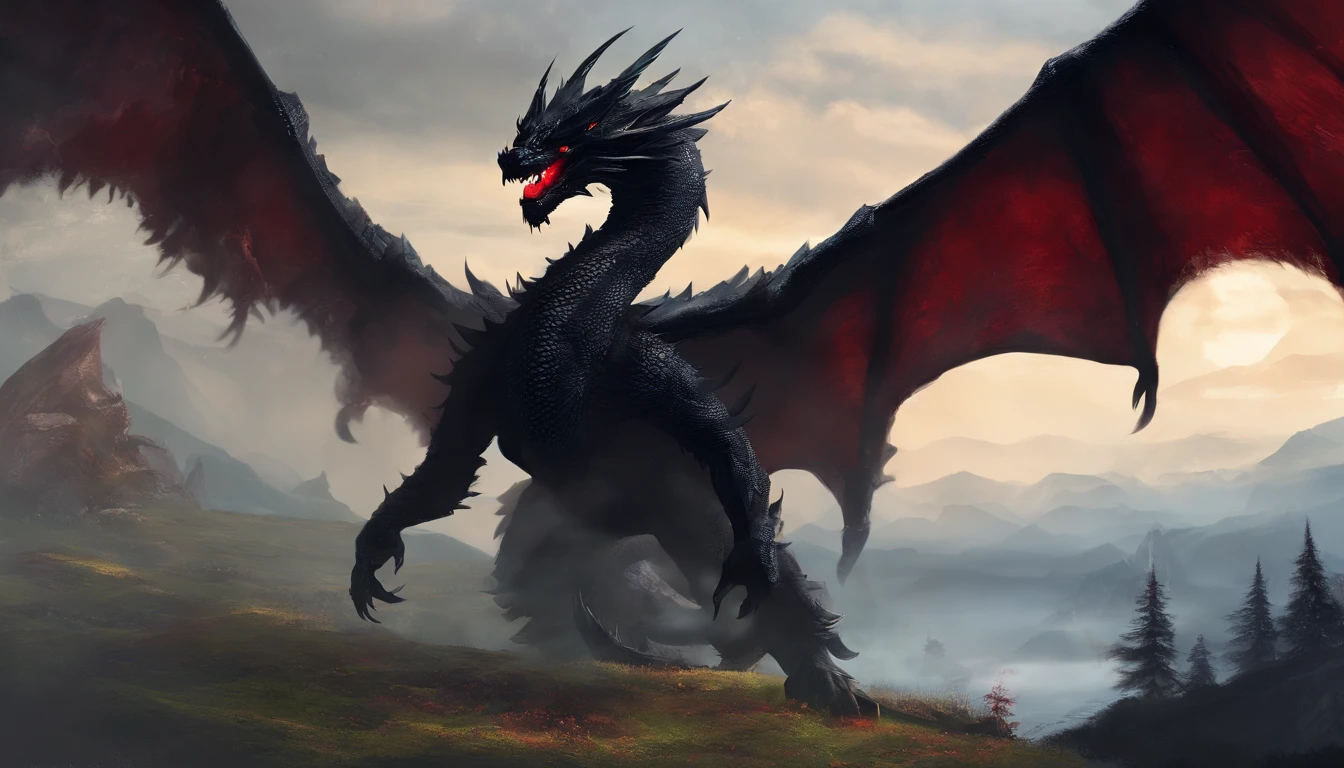One black dragon with fur and red eyes, black mountains, fantasy, mystical, dragon has feathers