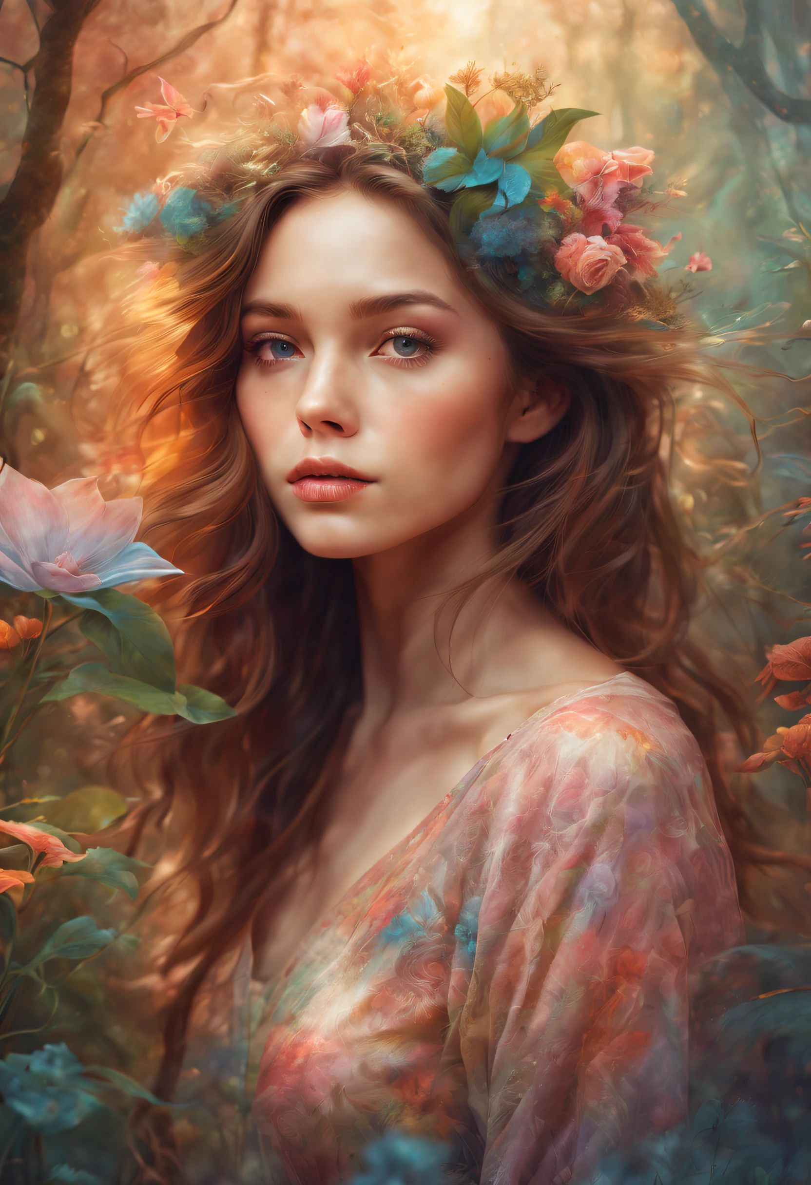 a girl with double exposure, blending with nature, fine art illustration, vibrant colors, dreamy atmosphere, soft lighting, detailed facial features, flowing hair, ethereal elements, whimsical flowers, enchanting forest, magical touch, surrealistic vibes, masterful brushstrokes, fantasy-like scenery, captivating and mesmerizing composition, harmonious blend of human and environment, otherworldly beauty. (best quality, highres, ultra-detailed, photorealistic), impressionistic style, soft pastel tones.
