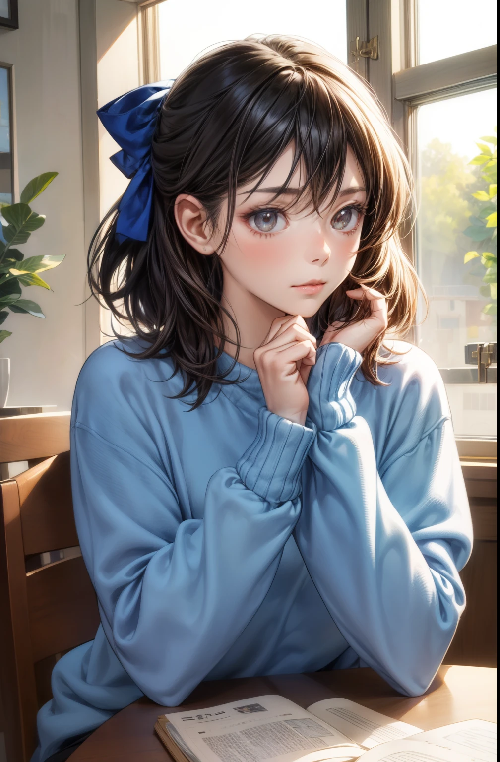 masutepiece, Best Quality, 1girl in, Solo, Medium Hair, window, Sitting, Indoors, The table, sleeves past wrists, cafes, Hair Bow, Closed mouth, Blue sweater, Upper body, (Perfect Anatomy:1.2)