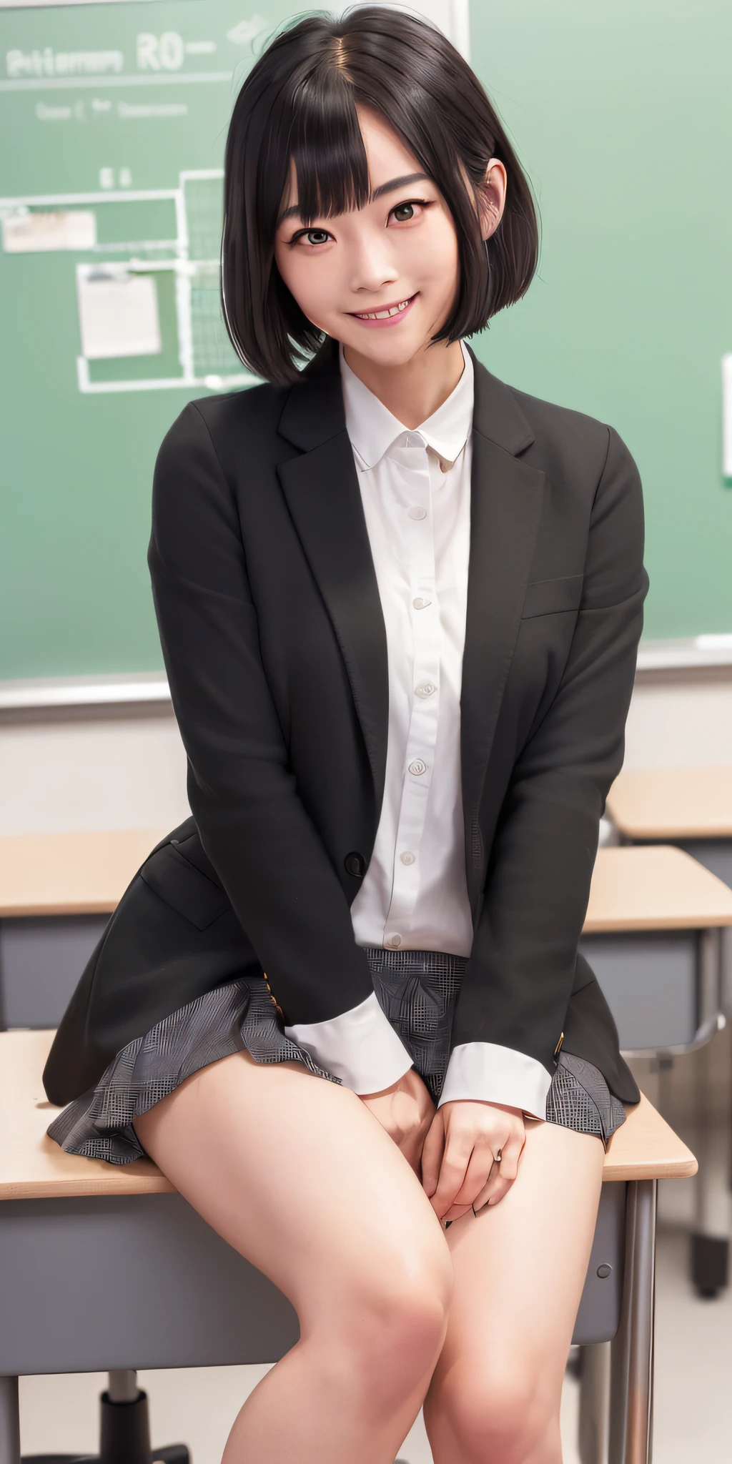 (((professional: Step by step, taking into account even the smallest details, God-level final result))):, "anime, realistic woman anime style, (aegyo sal: 1), 18 years old girl, (gray blazer, ribbon, folded miniskirt, socks, private school uniform: 1.2), high school classroom, beautiful detail in the eyes, (eye size: 3/4) light on the face, ((full body photo: 1.2 )), especially strong light, (upper eyes, smiling smile: 1.2), shiny skin, (((black hair, bob hair: 1.2))), (thick thighs), ulzzang-6500-v1.1: 0.2, bashful , (flash: 1.2), NSFW , (puffed up), ((seductive posture: 1.2, attractiveness: 1.2)), (idle), (sitting at a desk in classroom: 1.2)), ((good anatomy: 1.2) ), ((bright and refreshing classroom, blurred background: 1.2)), perfect face, cute and symmetrical face, (High Angle Shot: 1.2)s., Natural side lighting, ((8k, RAW photos, top quality, masterpieces ), High Definition RAW color photos professional close-up photos, (realistic, photorealism: 1.37), (highest quality), (best shadows), (best illustrations), Clavicles ((large)), ((erotic, sexy, ultra -high-resolution, 8K HD Unified CG Wallpapers, Physical representation, movie lighting), Canon EOS R50 camera 50mm lens"