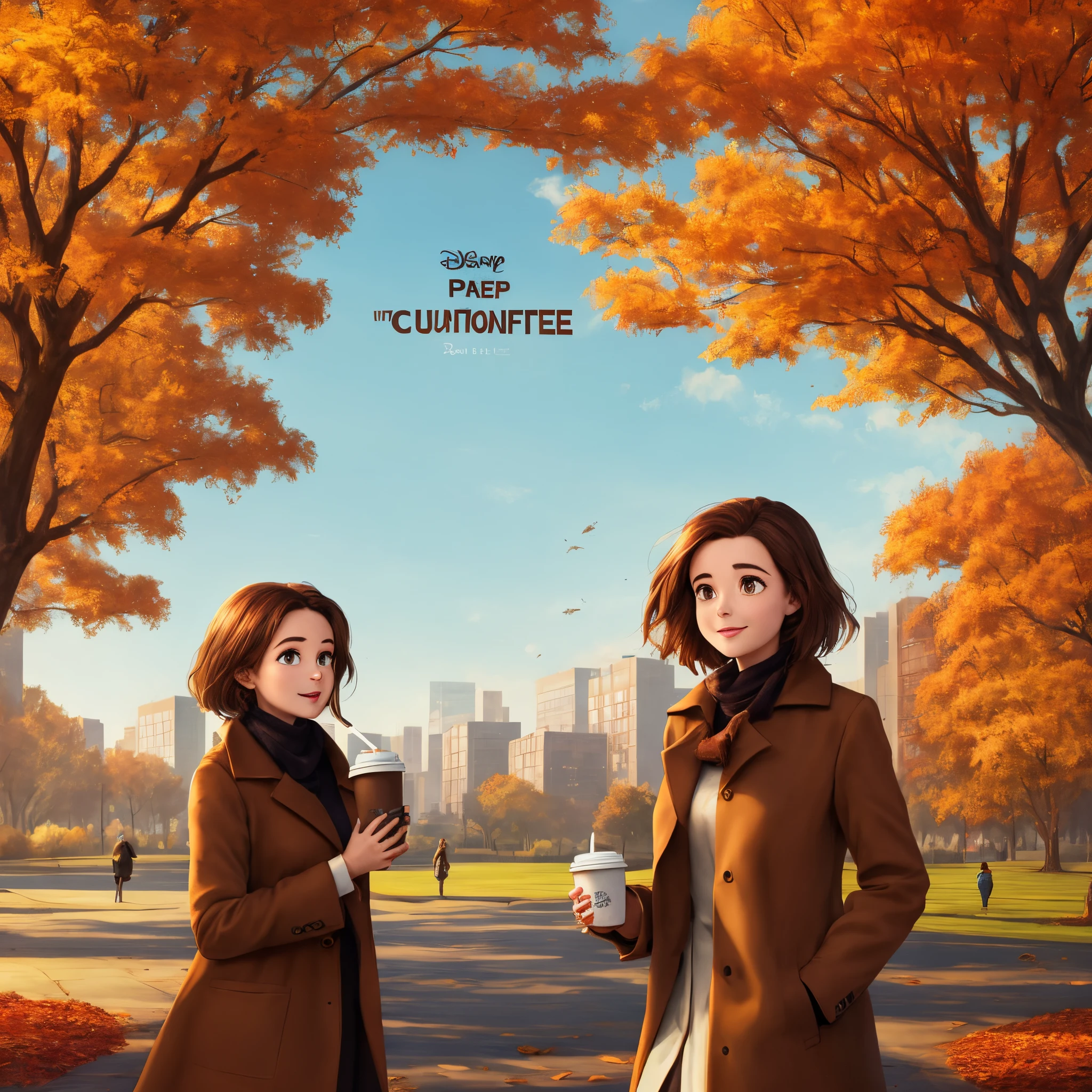 Pixar face, young woman with brown hair walking in autumn city park, in brown long stylish coat, with coffee in hand, good emotional, Pixar poster, cartoon Disney